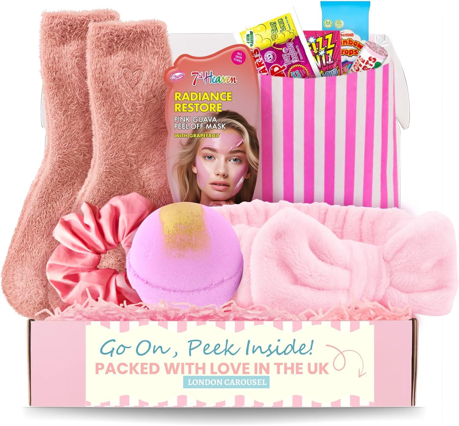 Pamper Gifts for Teens - Girls Pamper Set Includes Soft Spa Headband, Bath Bomb, Cozy Socks, Peel-Off Girls Face Mask, Girls Hair Scrunchie and a Bag of Sweet Treats image number 4