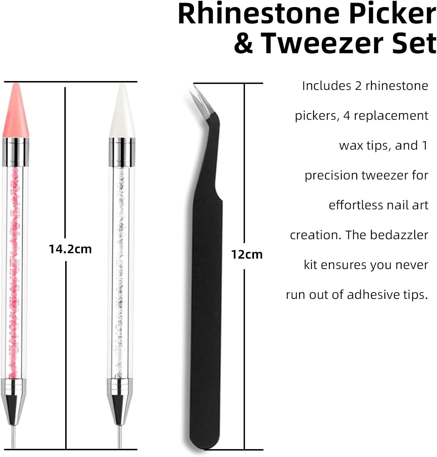Luojinluoda Rhinestone Picker Tool 2 Acrylic Handle Bedazzler Kit - Dual-Ended Nail Art Tools with 4 Wax Tips & 1 Tweezer, DIY Nail Accessories for Rhinestones Application​ image number 2