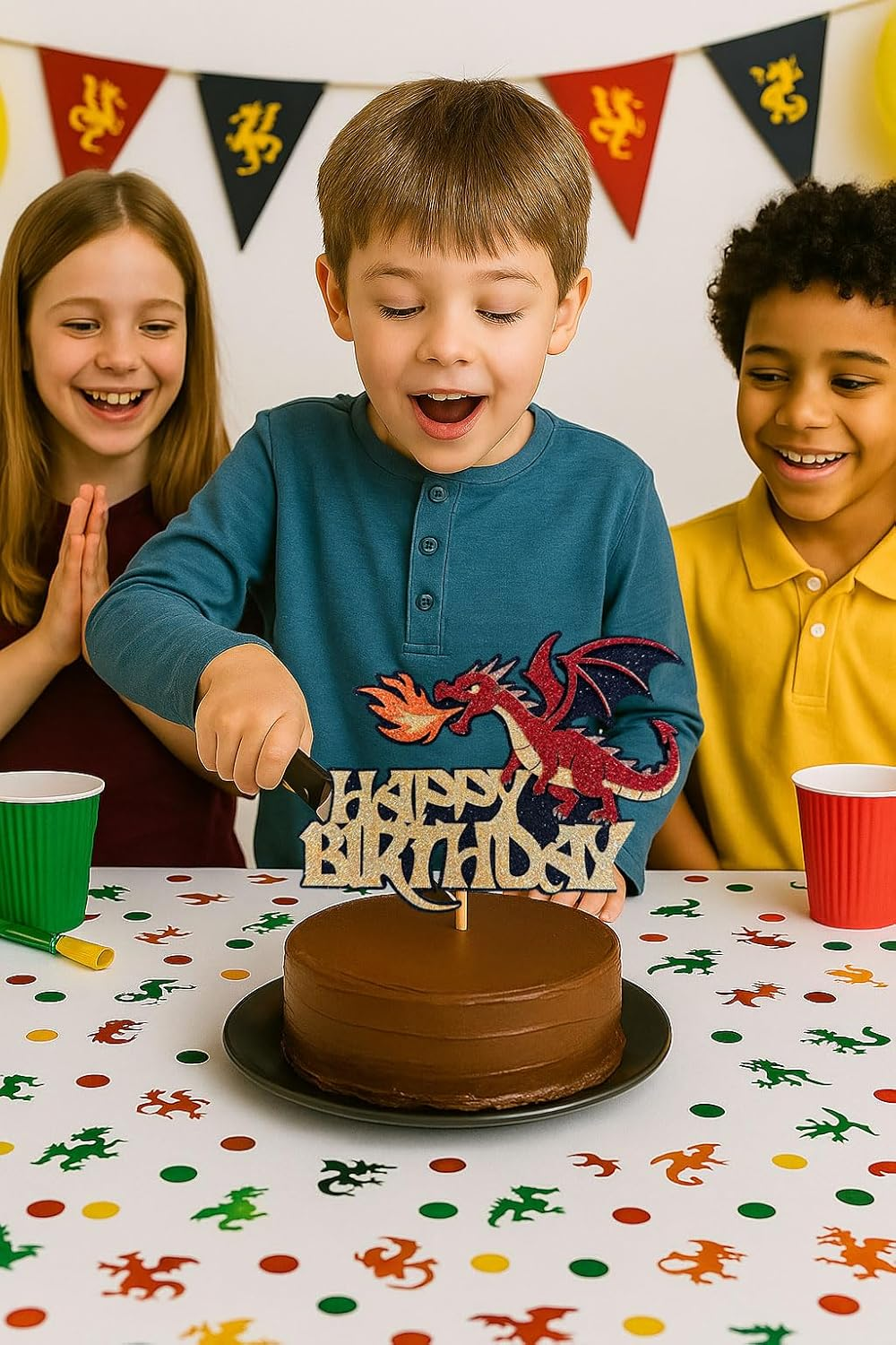 Confetti! Multilayer Glitter Dragon Cake Topper &ndash; Red, Gold & Black Fire-Breathing Decoration | Handmade 7"X5" Fantasy Party Pick for Kids Birthday & Baby Shower image number 5