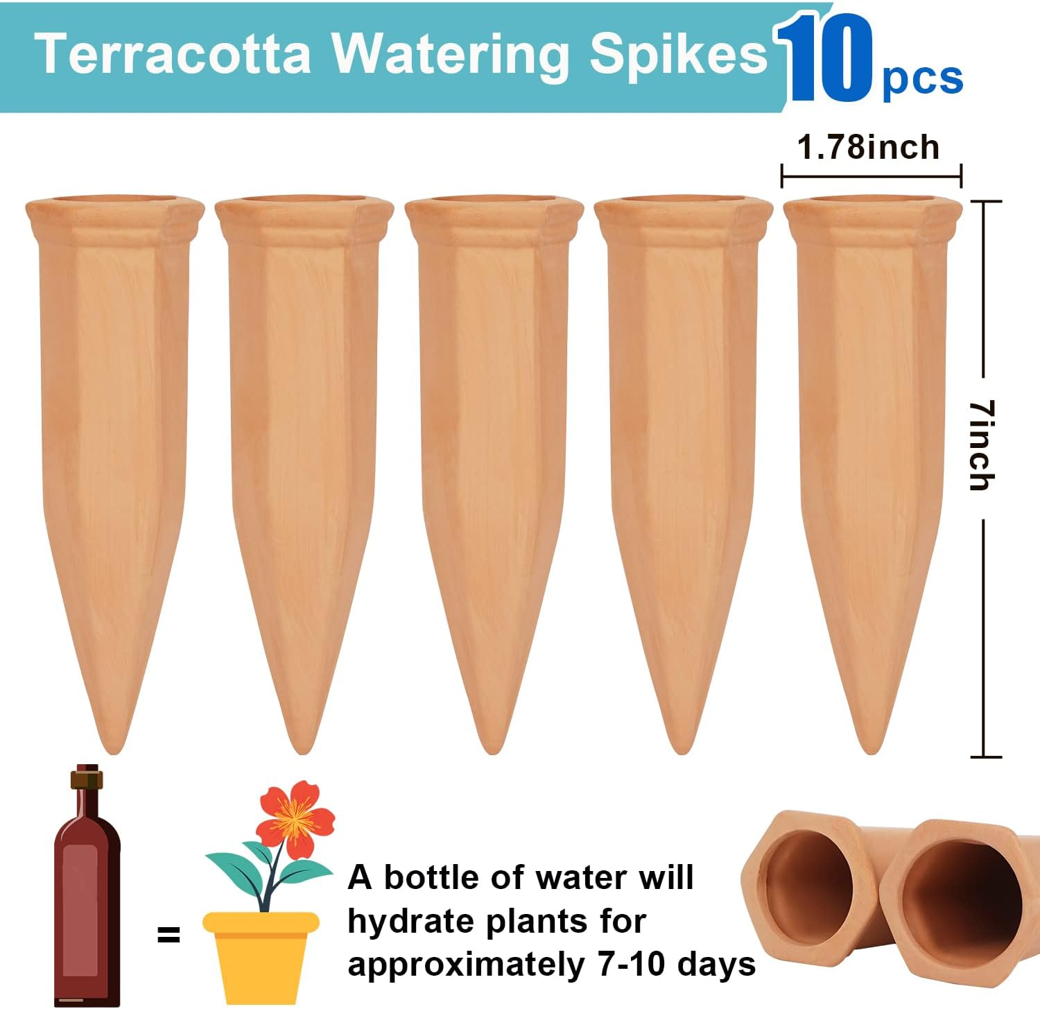Family Plant Watering Stakes10 Pack Automatic Plant Waterers for Vacations, Plant Watering Devices Terracotta Self Watering Spikes for Wine Bottles Great Plant Nanny for Indoor & Outdoor Plants image number 5