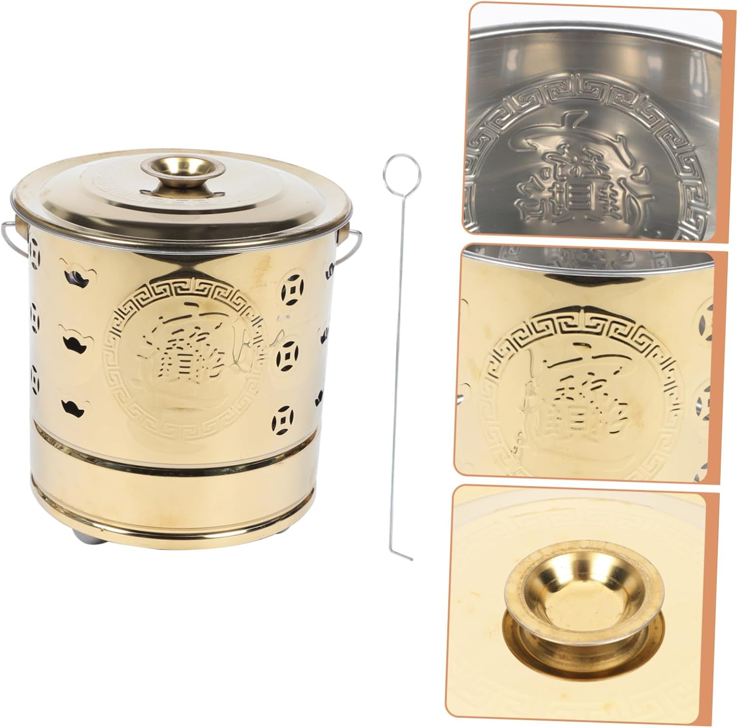 Yardwe Portable Burn Money Barrel Incinerator Bucket with Fire Hook Stainless Steel Paper Money Burner for Home Sacrifice Rituals Hollow Design for Faster Ventilation and Heat Insulation image number 6