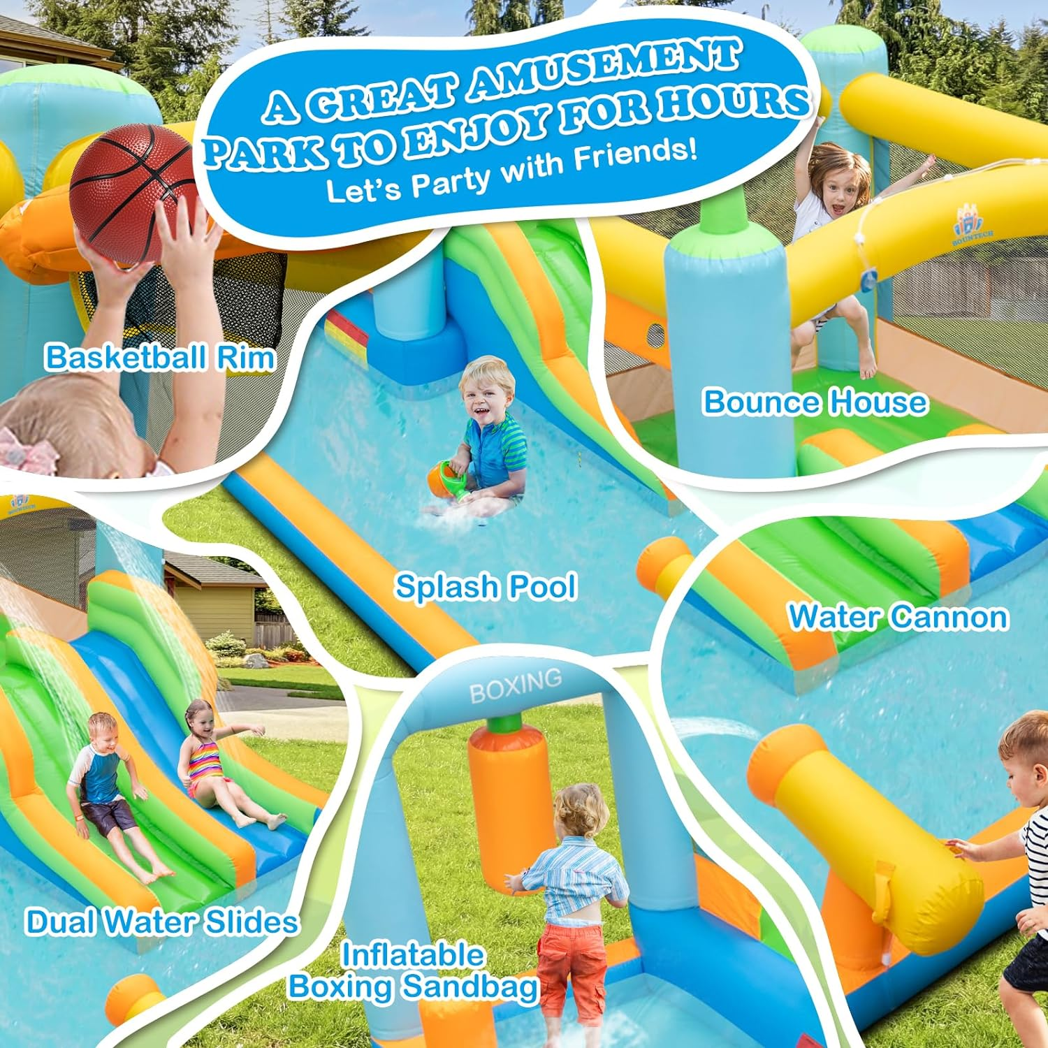 HONEY JOY Inflatable Water Slide, Kids Jumping Castle W/Dual Slides, Boxing Sandbag, Splash Pool, Water Cannon, Basketball Rim, Outdoor Blowup Water Park Bounce House for Children (With 680W Blower) image number 2