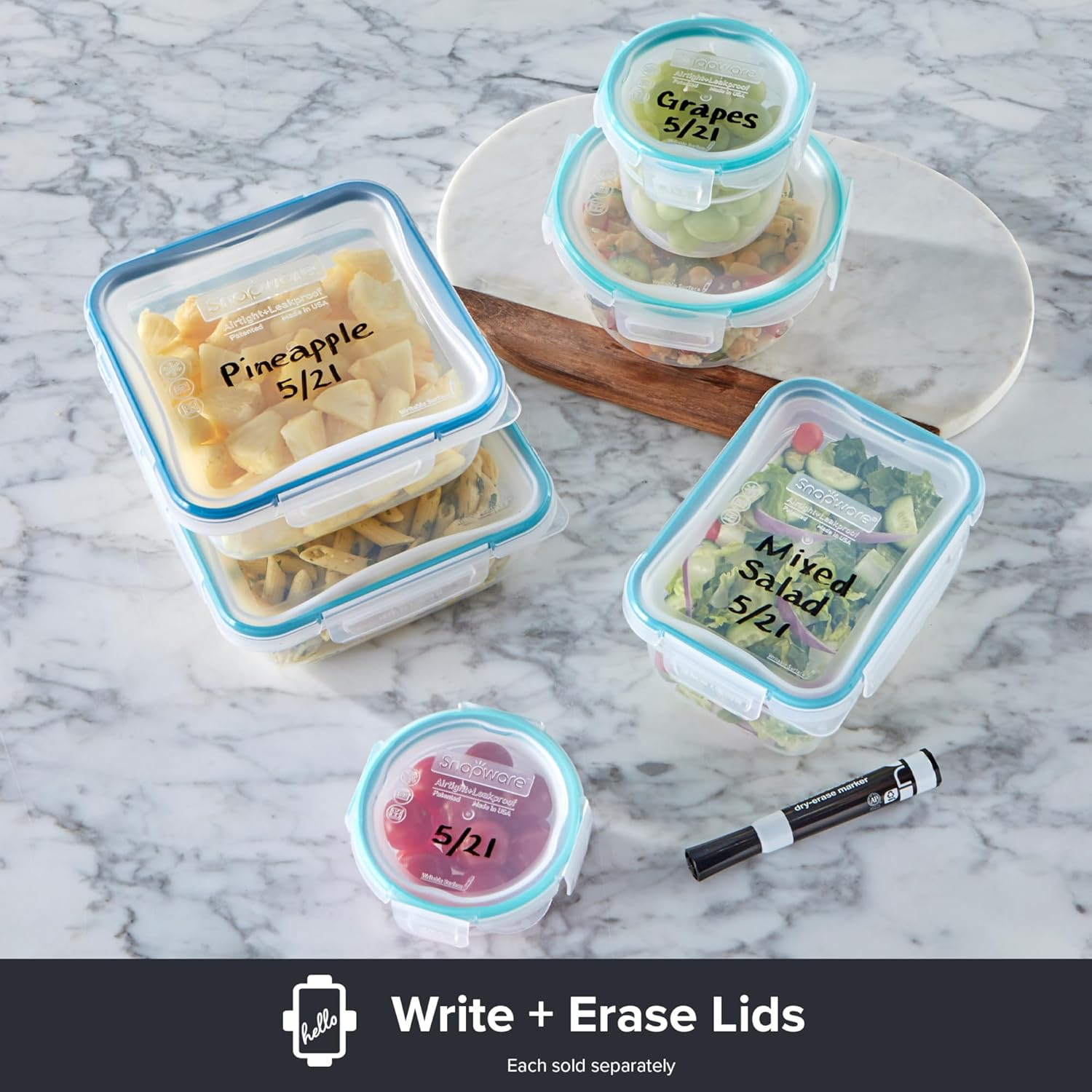 Snapware Total Solution 10 Piece Square Plastic Food Storage Container Set &ndash; 5 Containers with 5 Tab Locking Lids &ndash; Opaque, Microwave, Dishwasher and Freezer Safe, 1.3 Litre Capacity