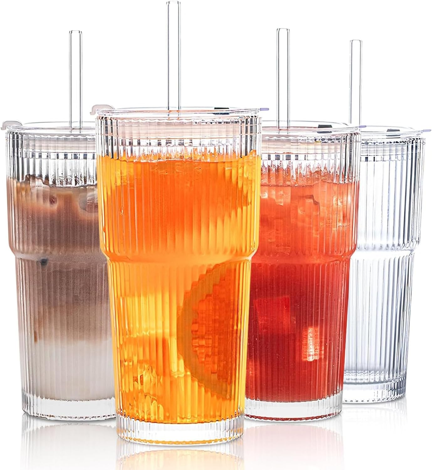 20 Oz Ribbed Glass Tumblers with Lids and Glass Straws &ndash; 4-Piece Glassware Set, Thickened Glass, Ideal for Iced Coffee, Smoothies, Cocktails, and Juices &ndash; Elegant and Durable Drinkware (4) image number 5