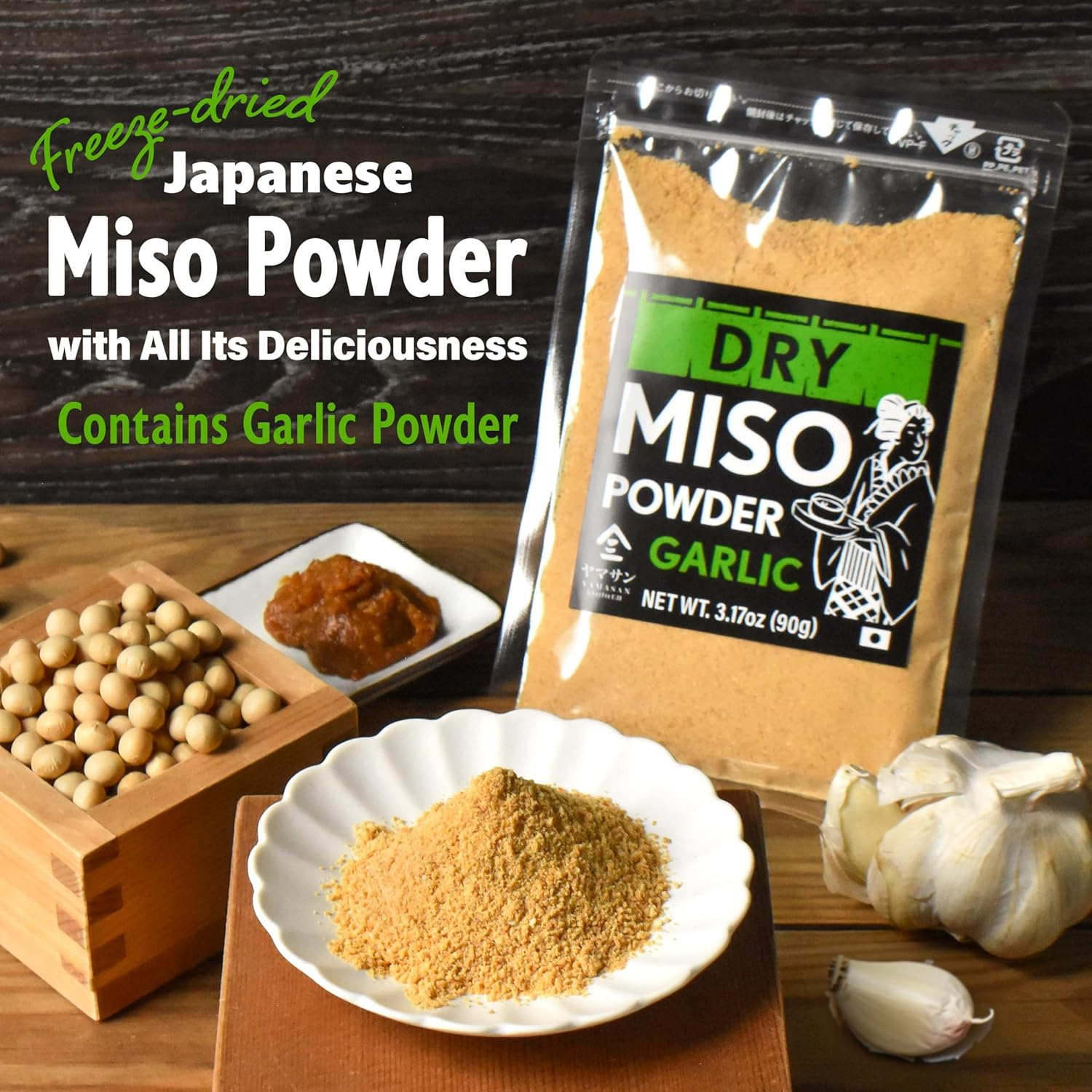 YAMASAN KYOTO UJI Japanese Dry Garlic Miso Seasoning, Freeze-Dried Miso Powder Mixed with Garlic Powder, Rich Umami, No Additives, Vegan, Delicious Choice for Various Foods, Made in Japan (90G） image number 2