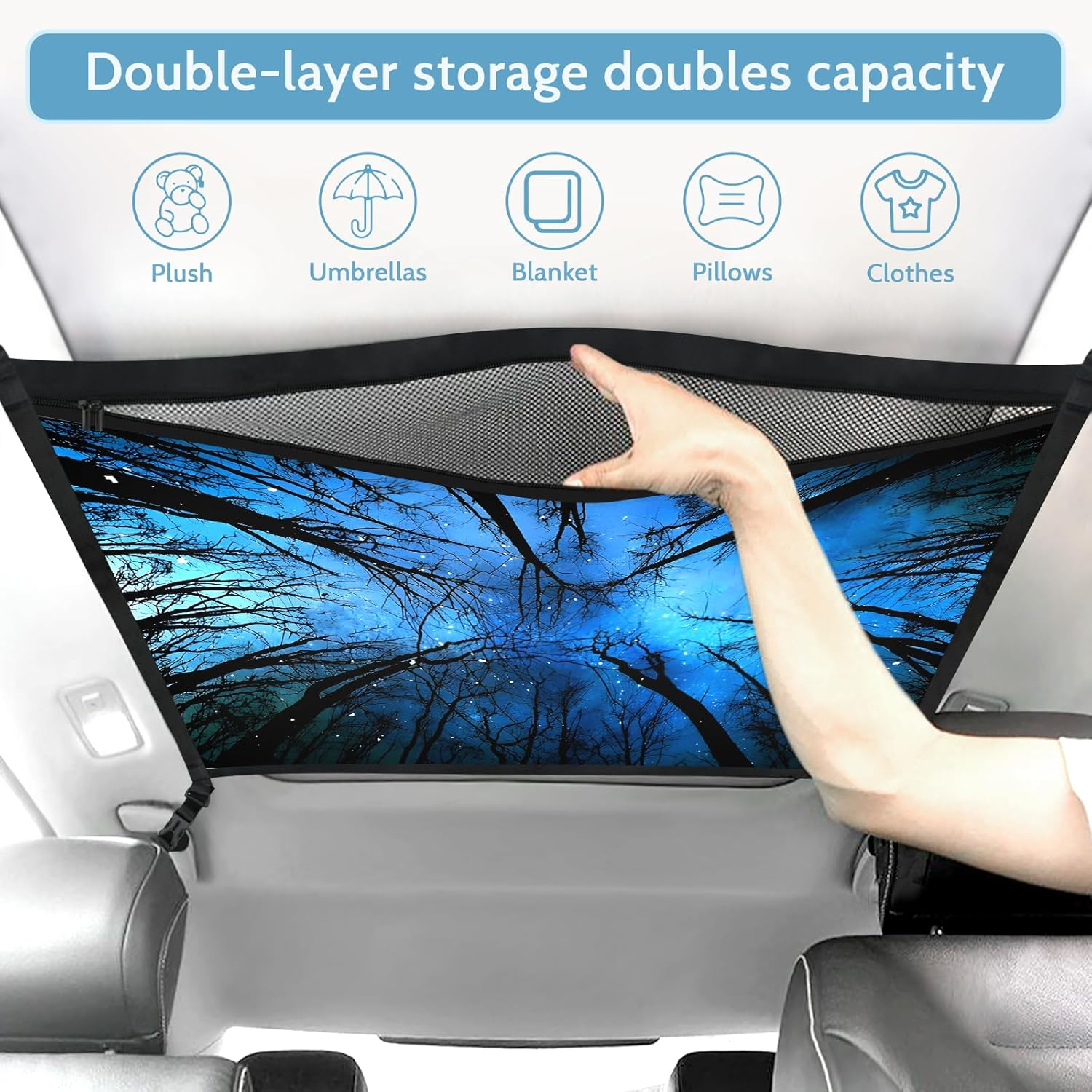 Blue Starry Night Sky Fantasy Trees Car Ceiling Cargo Net Large Storage Pocket 31.5"X23.6" Adjustable Roof Double Layer Net Strengthen Loadbearing Storage Organizer for SUV Trip Camping - Blue Butterfly Print image number 3