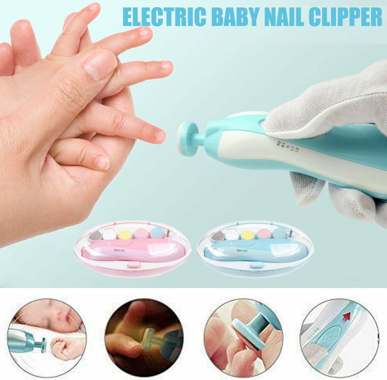 6 in 1 Safe Electric Baby Infant Nail Trimmer Electric Baby Nail File Kit Additional Replacement Heads Infant Newborn Safe Grinder Clipper Tools Set (Pink) image number 0