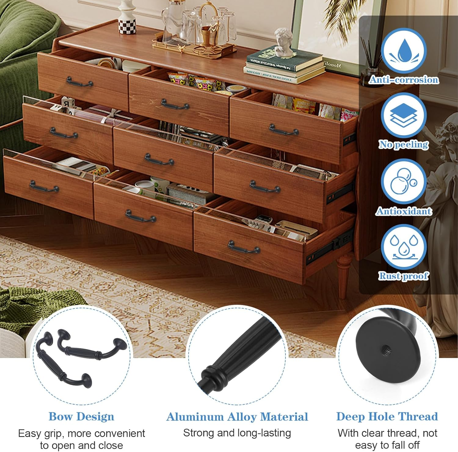 Tsunnee 12PCS Vintage Cabinet Handles, Cupboard Door Handles, European Bow Pulls, Antique Drawer Handles, Furniture Door Pull Handles for Kitchen Bedroom, 96Mm 3.78 Inches Hole Distance, Black image number 3