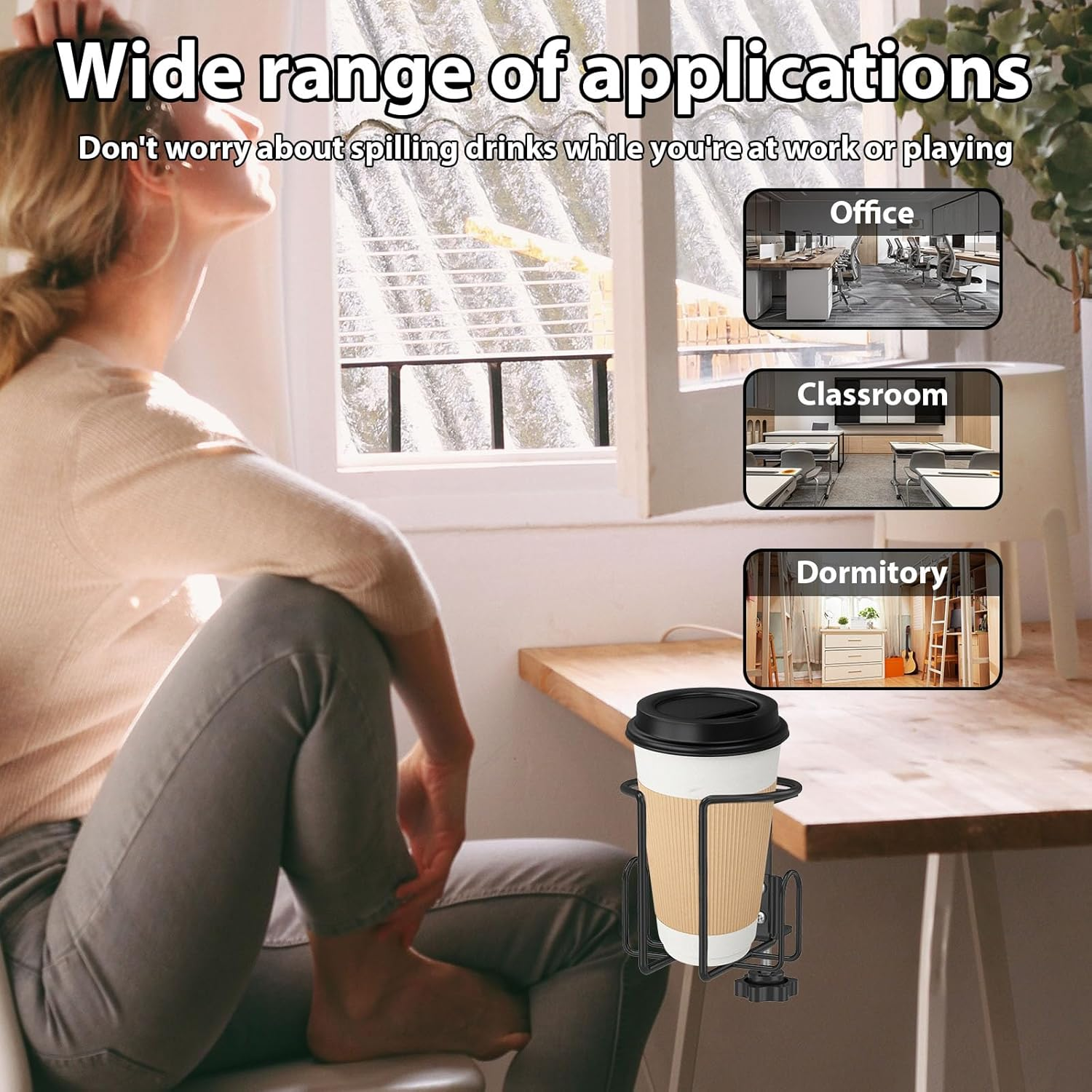 Desk Cup Holder, Clamp on Cup Holder with Adjustable Side Opening Metal Iron Versatile Easy to Install Clip on for Home Office Dormitory Use image number 6