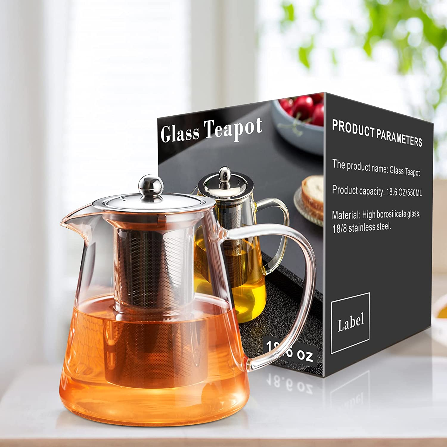 PARACITY Glass Teapot Stovetop 18.6 OZ, Borosilicate Clear Tea Kettle with Removable 18/8 Stainless Steel Infuser, Teapot Blooming and Loose Leaf Tea Maker Tea Brewer for Camping, Travel (550ML)
