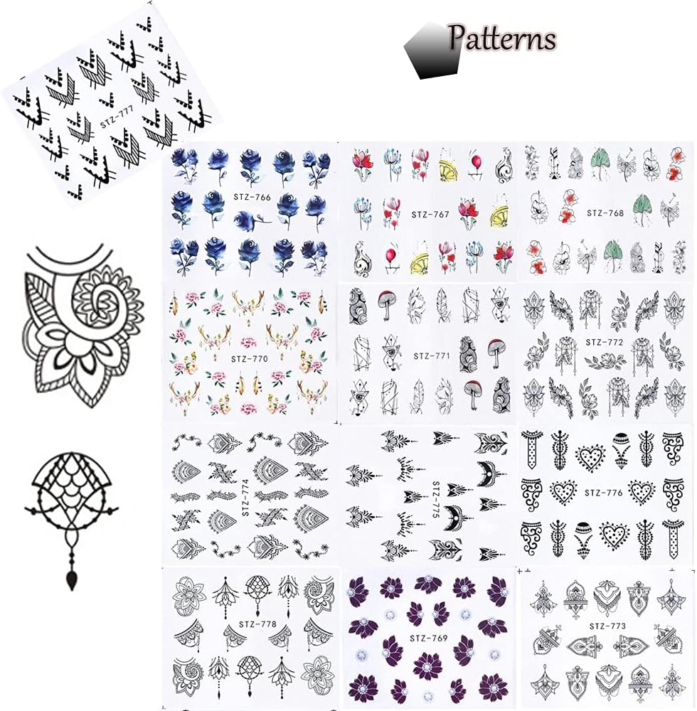 13 Sheets Black Nail Stickers Boho Retro Nail Decals Black Nail Tattoos Water Transfer Nail Decals Nails Supply Necklace Jewelry Feather Nail Design for Women Nail Art DIY Decoration image number 1