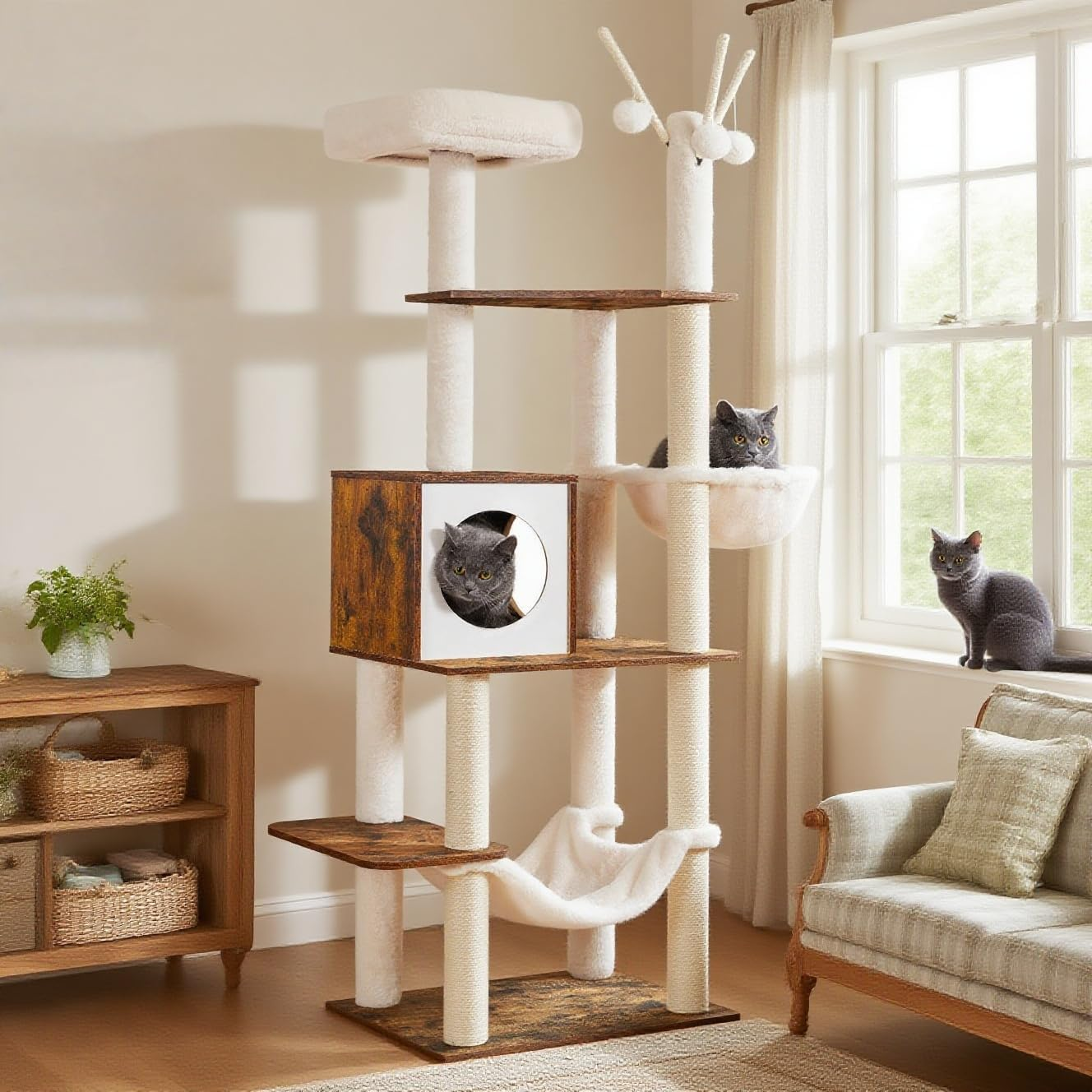 Hey-Brother Wooden Cat Tree, 170 Cm Cat Furniture with Scratching Posts, Modern Cat Tower with Hammocks, Toys, Cat Condo, Rustic Brown MPJ120SR