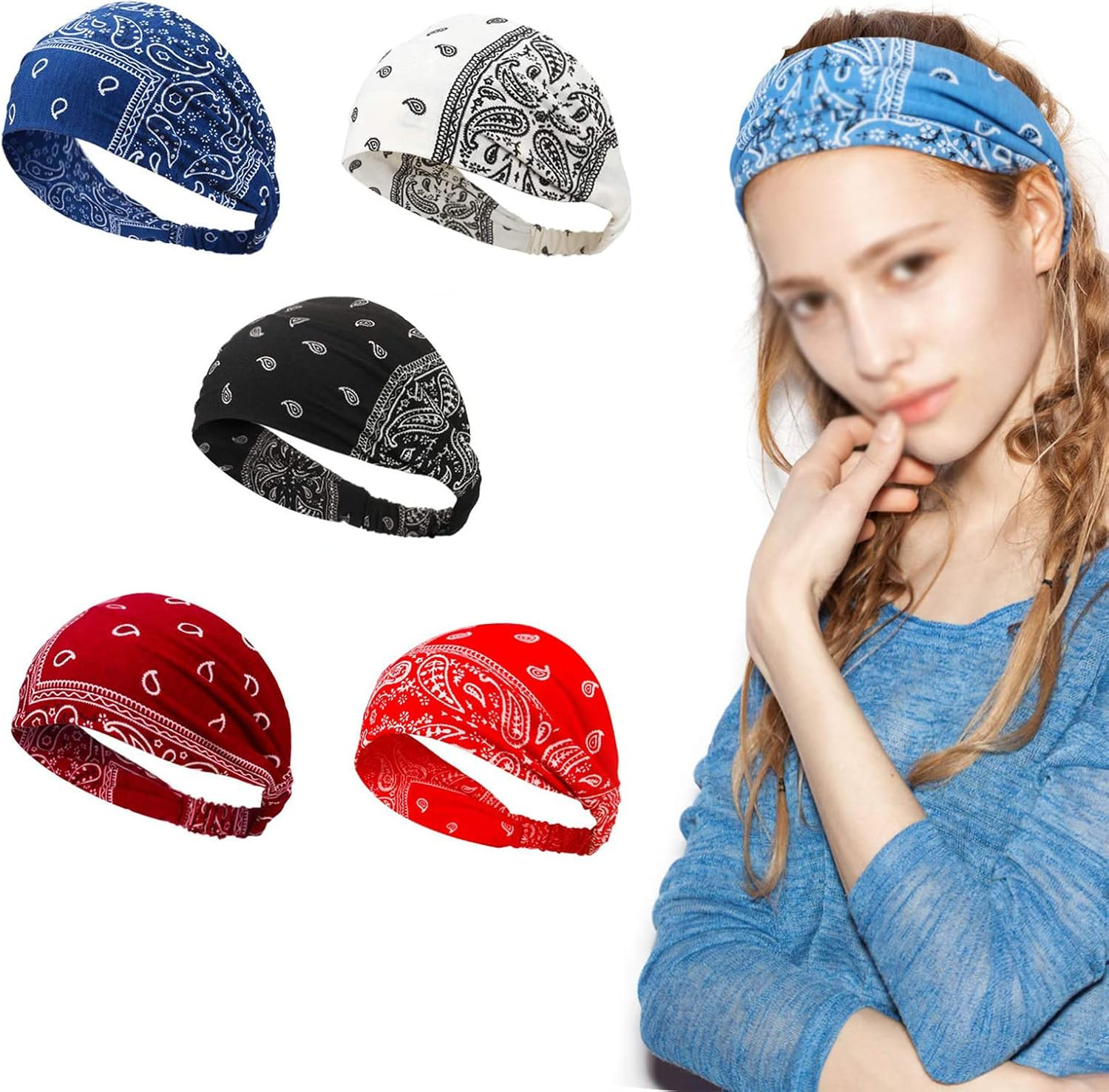 Vintage Paisley Women Elastic Cotton Headbands Vintage Printed Wide Headbands for Sports, Yoga and Running(5Pcs) image number 6