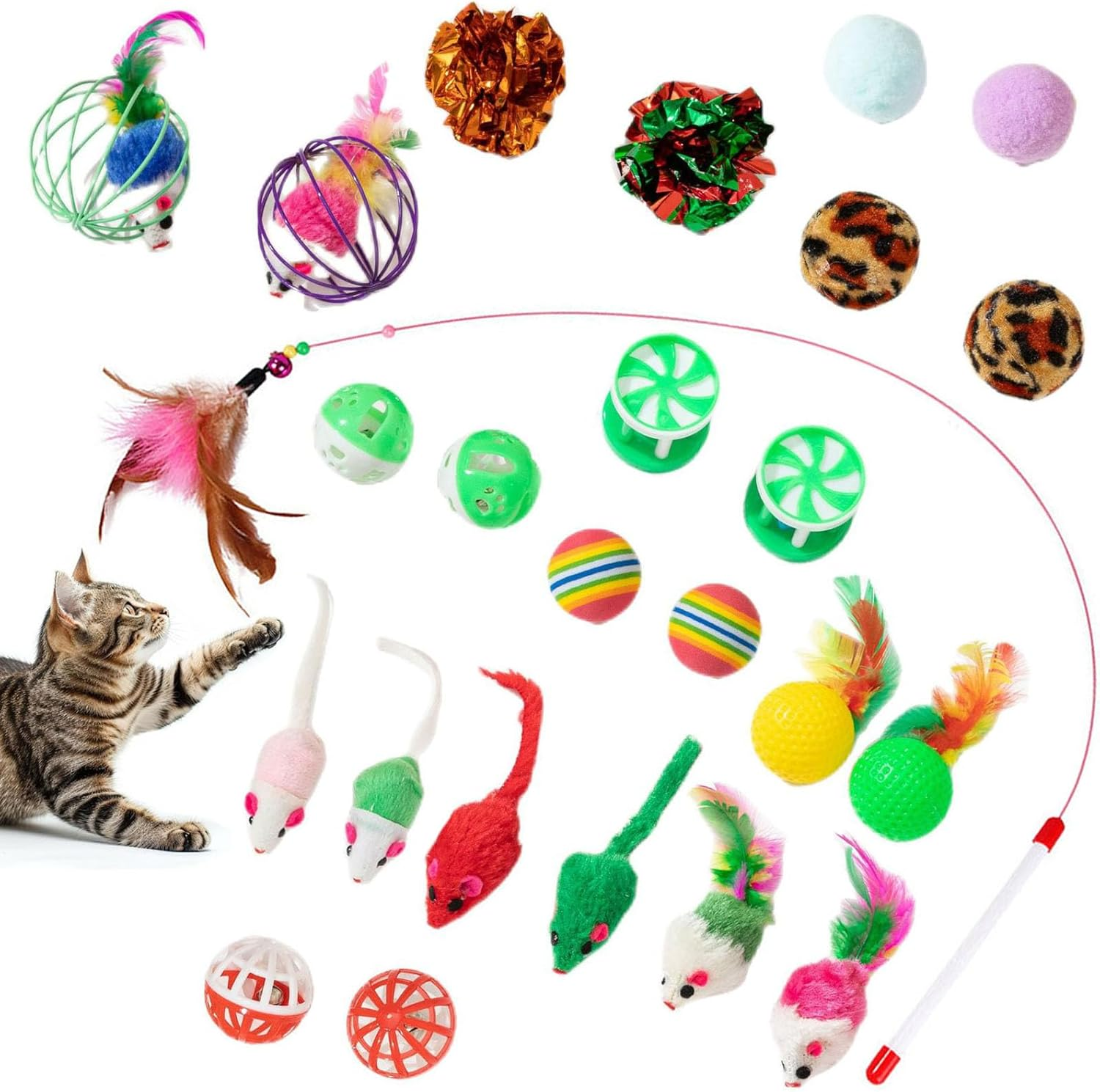 Cat Toys Set, 25 Pcs Kitten Toys for Indoor Cats, Interactive Feather Teaser, Fluffy Mouse, Crinkle Balls, Bells image number 3