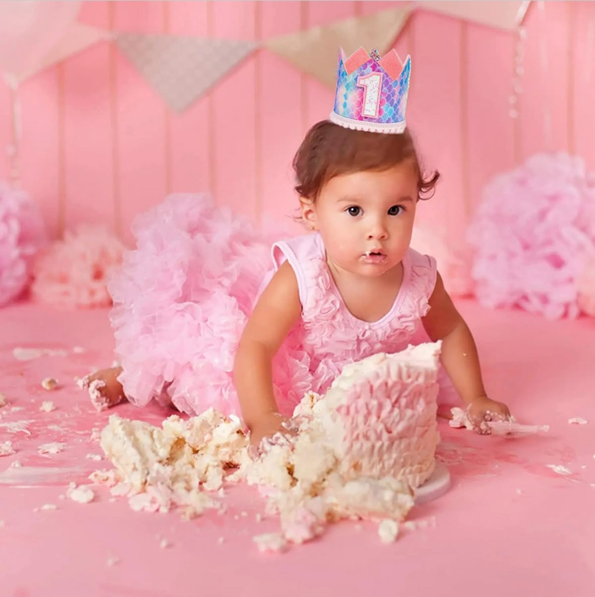 Mermaid 1St Crown Birthday Hat Mini Crown Party Decorations 1St Hat for Baby Girls Birthday Party Supplies (1) image number 3