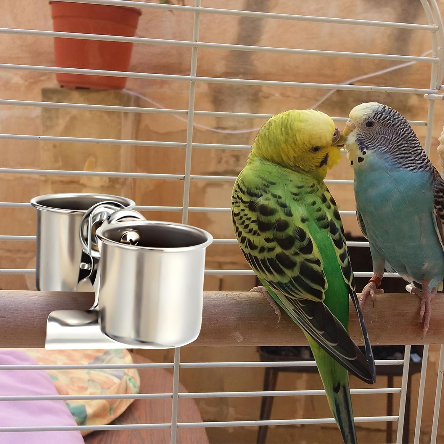 Tioncy 2 Pcs Clip on Water Bowl for Birds Parrot Feeding Double Cups Dishes Hanging Stainless Steel Food Water Bowls with Clip Pet Animal Feeder Cup Holder for Cage Coop Perches Play Stand Accessories image number 4
