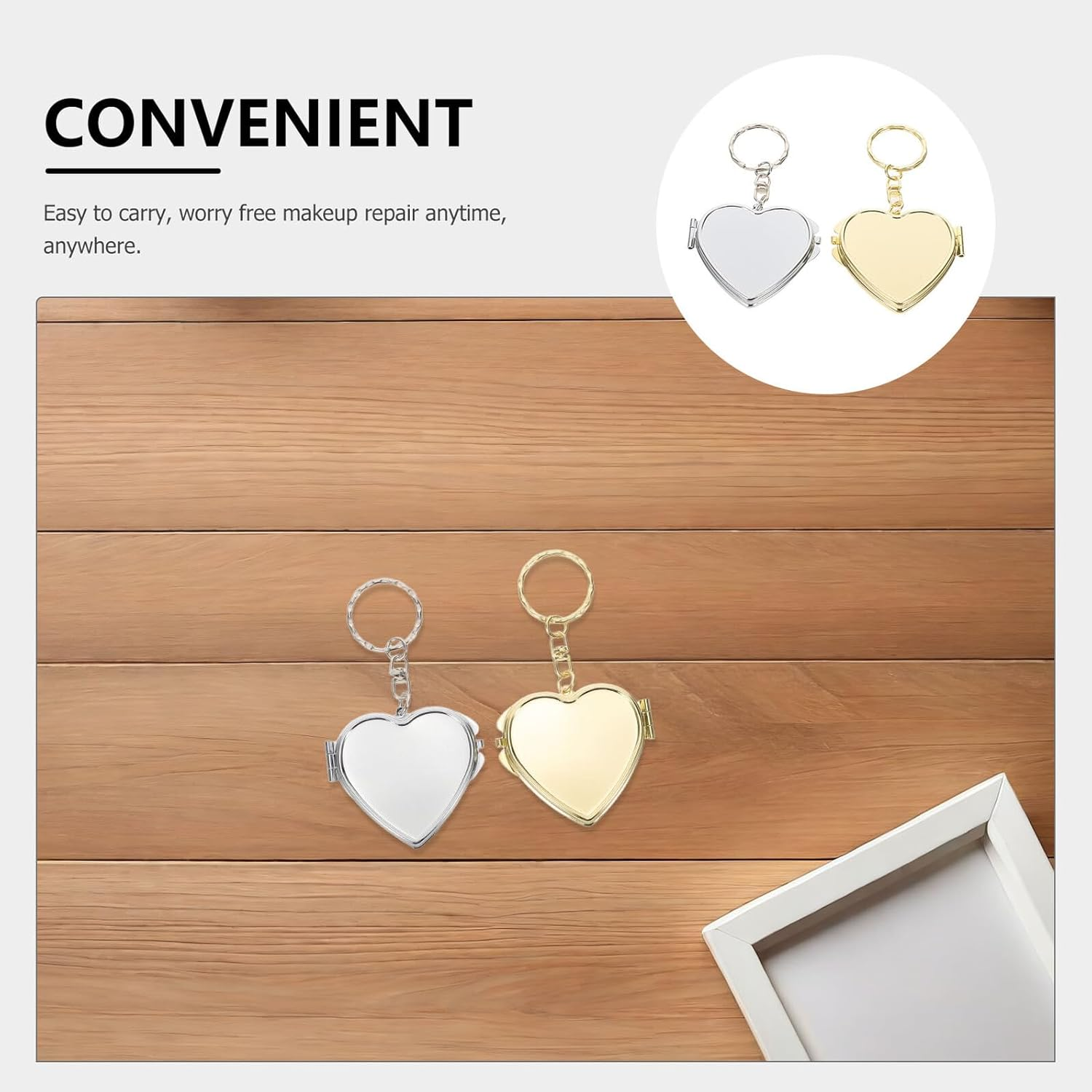 OSOLADY 2Pcs Heart Shaped Double Sided Folding Metal Mirror Keychain Portable Compact Makeup Mirror for Women Mini for Purse and Handbag image number 1