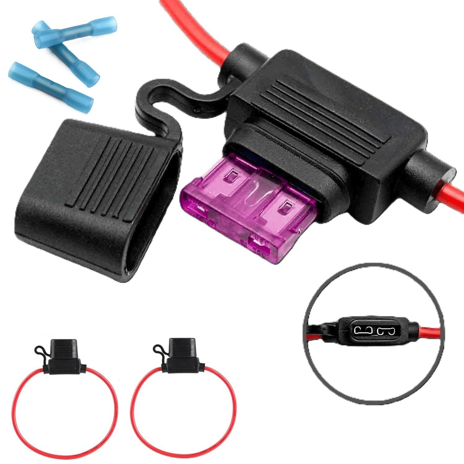 2 Pack Inline Fuse Holder 12V Standard ATC/ATO Blade 16 AWG Leads Waterproof Cap 30 Cm Loop with 4A Fuses and 4 Heat Shrink Butt Connectors (2, 4AMP) image number 1