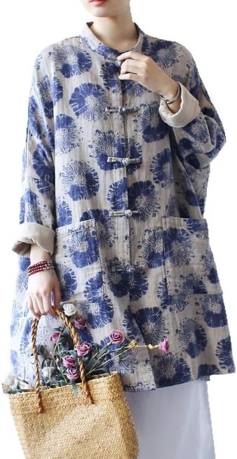 Women'S Vintage Chinese Style Cotton Linen Jacket Long Sleeve Frog Button Coat Loose Fit Tops Blue image number 1