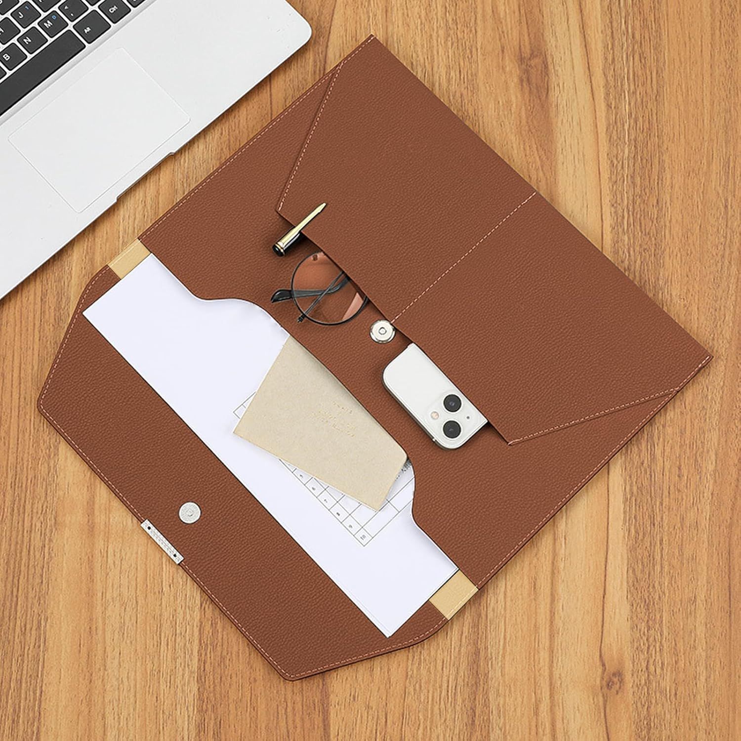 VANRA File Folder Document Holder Document Organizer Waterproof Portfolio Leather Folder Case with 3 Pockets, Filing Envelopes for A4 Letter Size Paper with Snap Magnetic Button Closure (Brown) - Gray image number 7