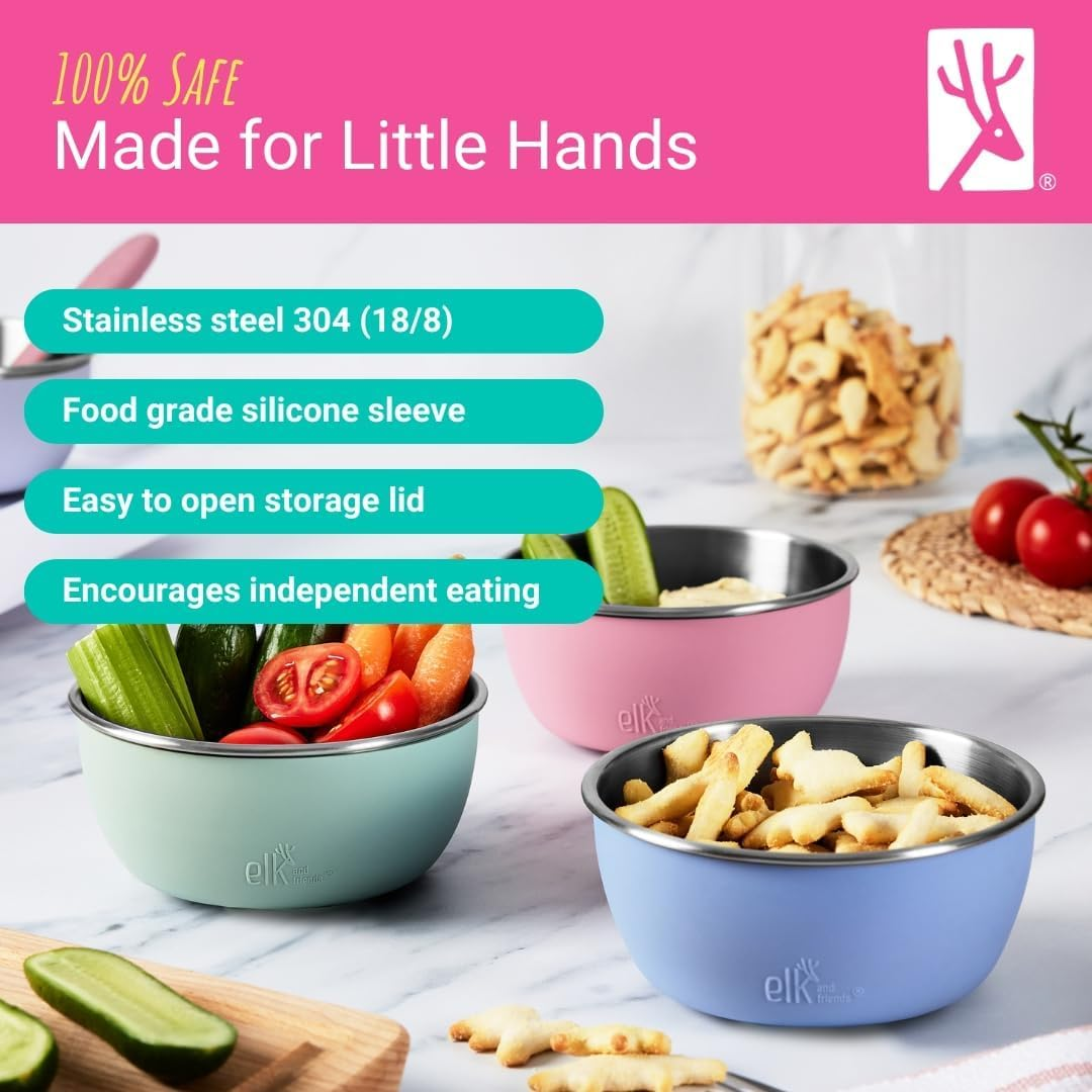 Elk and Friends Kids Stainless Steel Bowls with Silicone Sleeves + Lids | Suitable for Babies/Toddlers | Dishwasher Safe | Non Slip Dinnerware | Snack Dishes | 4 Pack image number 1