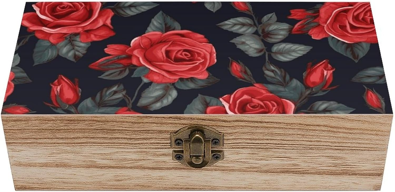 Red Rose Flowers Wooden Box Wood Wedding Keepsake Boxes with Lids Small Decorative Boxes Lightweight Wooden Memory Storage Box for Crafts Keepsakes Jewelry Photo Letter Storage image number 4
