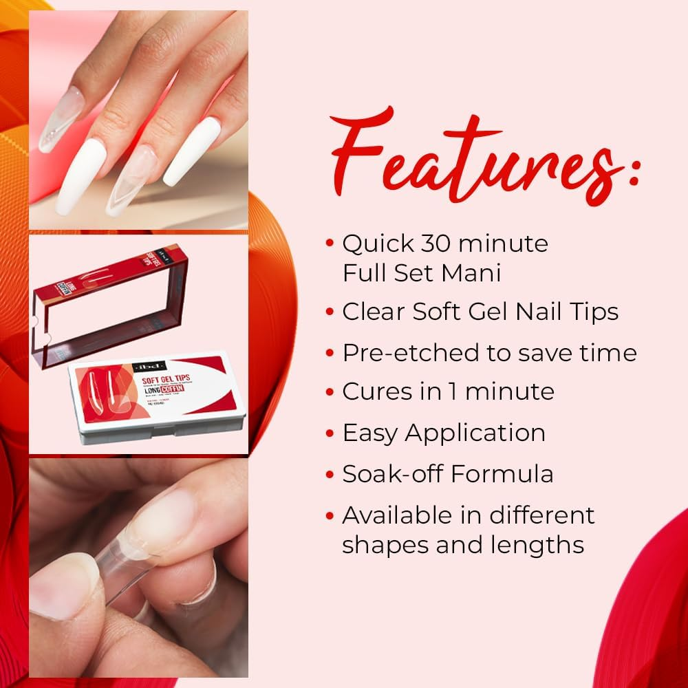 IBD Soft Gel Tips Long Coffin - 504 Pieces, 12 Sizes - Made in USA - Transparent Nail Tips - Soft Gel Tips for Nail Extension - Long Coffin Shape image number 5
