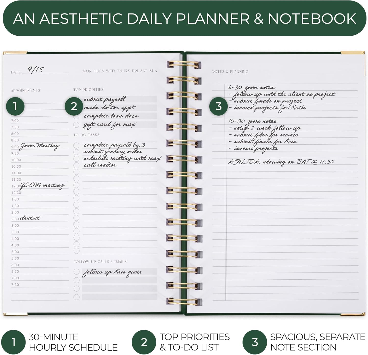 Aesthetic Daily Planner and Notebook with Hourly Schedule - Aesthetic Spiral to Do List Notepad for Work/Home to Organize Tasks and Appointments - Stylish School/Office Supplies Book for Women - Camel image number 5