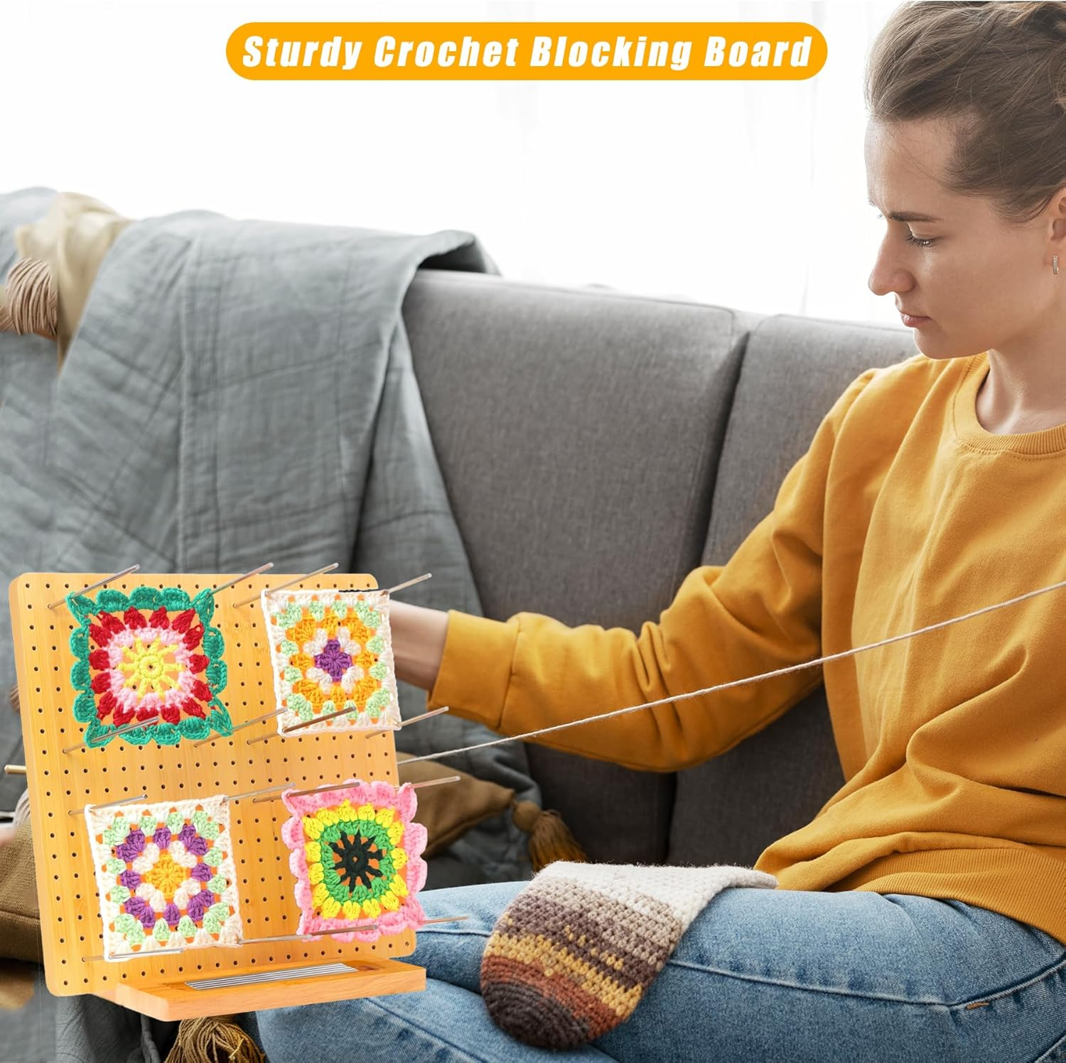 Crochet Blocking Board, 11.4"/29Cm Bamboo Wooden Blocking Board with 30Pcs Steel Pins and 1 Crochet Hook Crochet Projects for Knitting, Granny Square Blocking Board Gifts for Grandmother Mothers image number 1