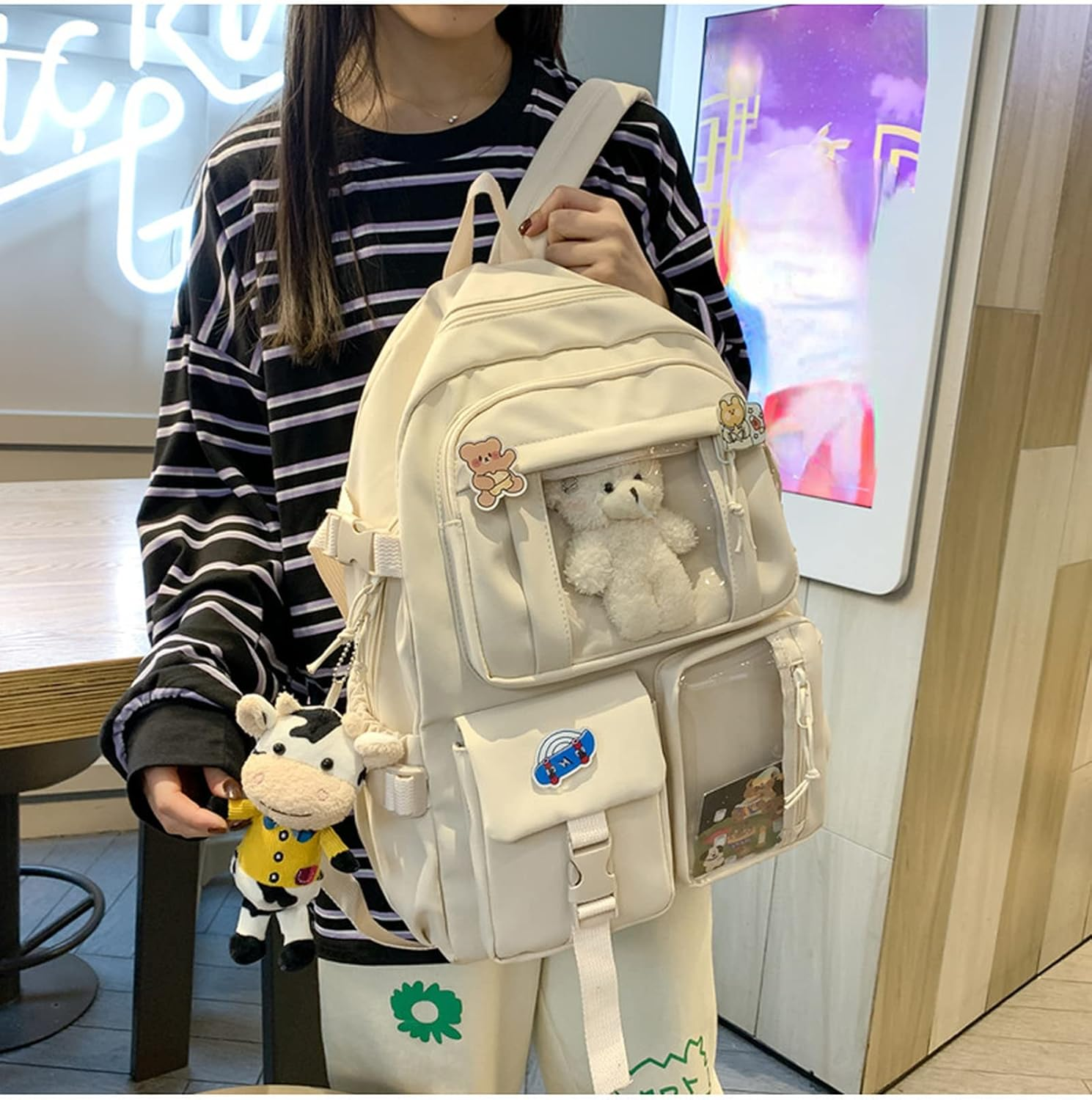 Kawaii Backpack Cute Aesthetic Anime with Pins Cow Bear Pendant School Supplies Bag Animal Cartoon Preppy Japanese image number 2