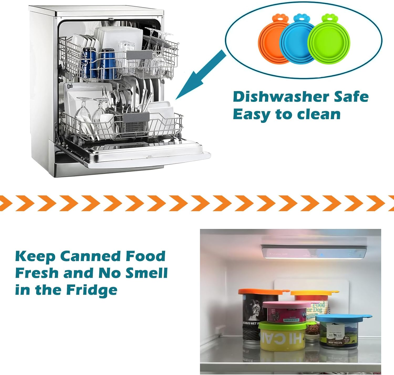 Petbonus 3 Pack Silicone Pet Can Cover Lids, Universal Size for Dog Cat Food, 1 Fit 3 Standard Size Can Tops, BPA Free Dishwasher Safe (Blue, Green, Orange) image number 2