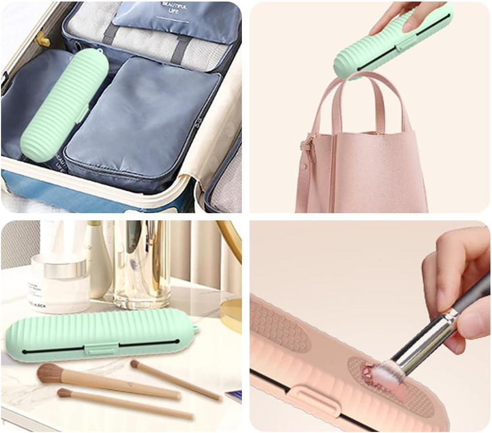 Soft Silicone Makeup Brush & Sponge Holder Set - Travel Friendly Dual Function Cosmetic Organizer with Sponge Compartment - Waterproof Beauty Tools Case for Brushes & Sponges, Pink image number 2