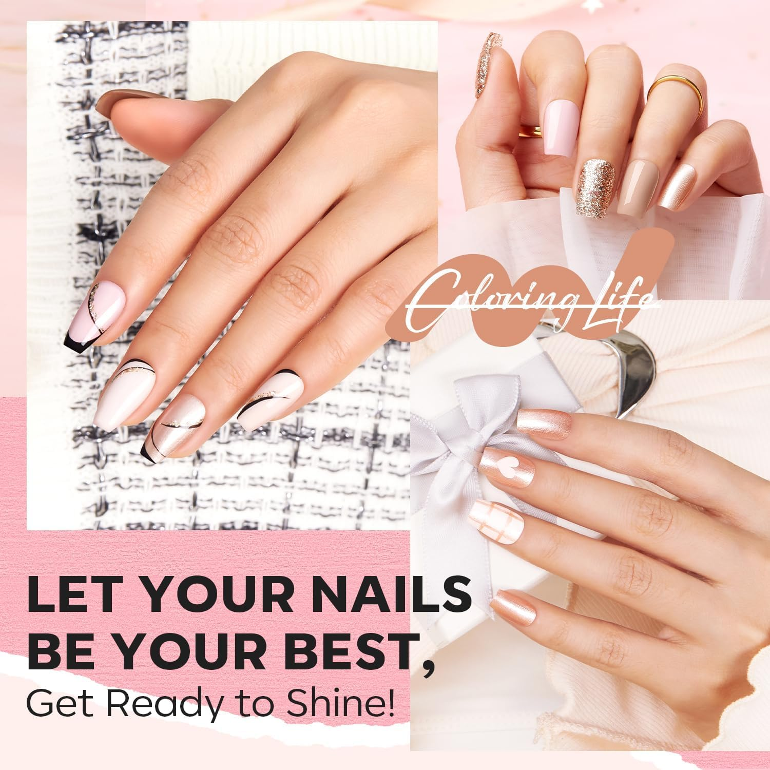 Modelones Complete Nail Polish Set Brown Nude Pink Gold Glitter Shimmer Quick Dry Nail Lacquer Kit with Nail Remover Sticker Base&Top Coat, Light Pink 6 Colors DIY Home Manicure for Women Girls - Cozy Pink image number 6