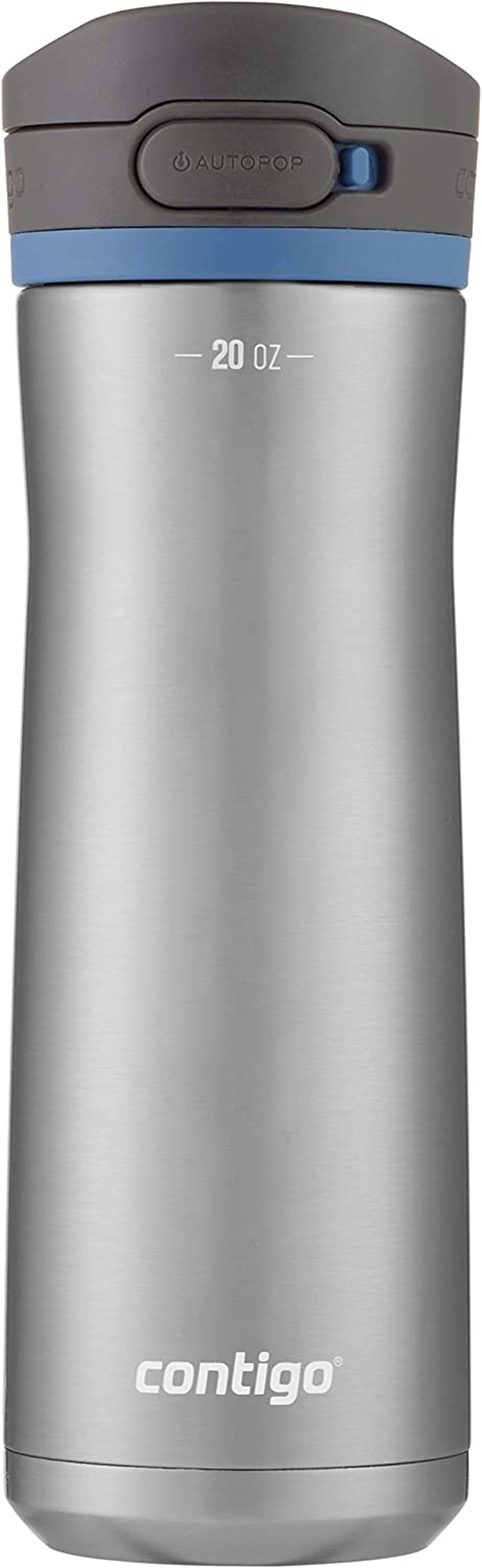 Contigo Jackson Chill Autopop Water Bottle 591Ml - Double-Walled Vacuum Insulated, One-Handed AUTOPOP&reg; Leak-Proof Lid with Protective Cover, Wide Mouthpiece, Secure Button Lock - Stainless Steel