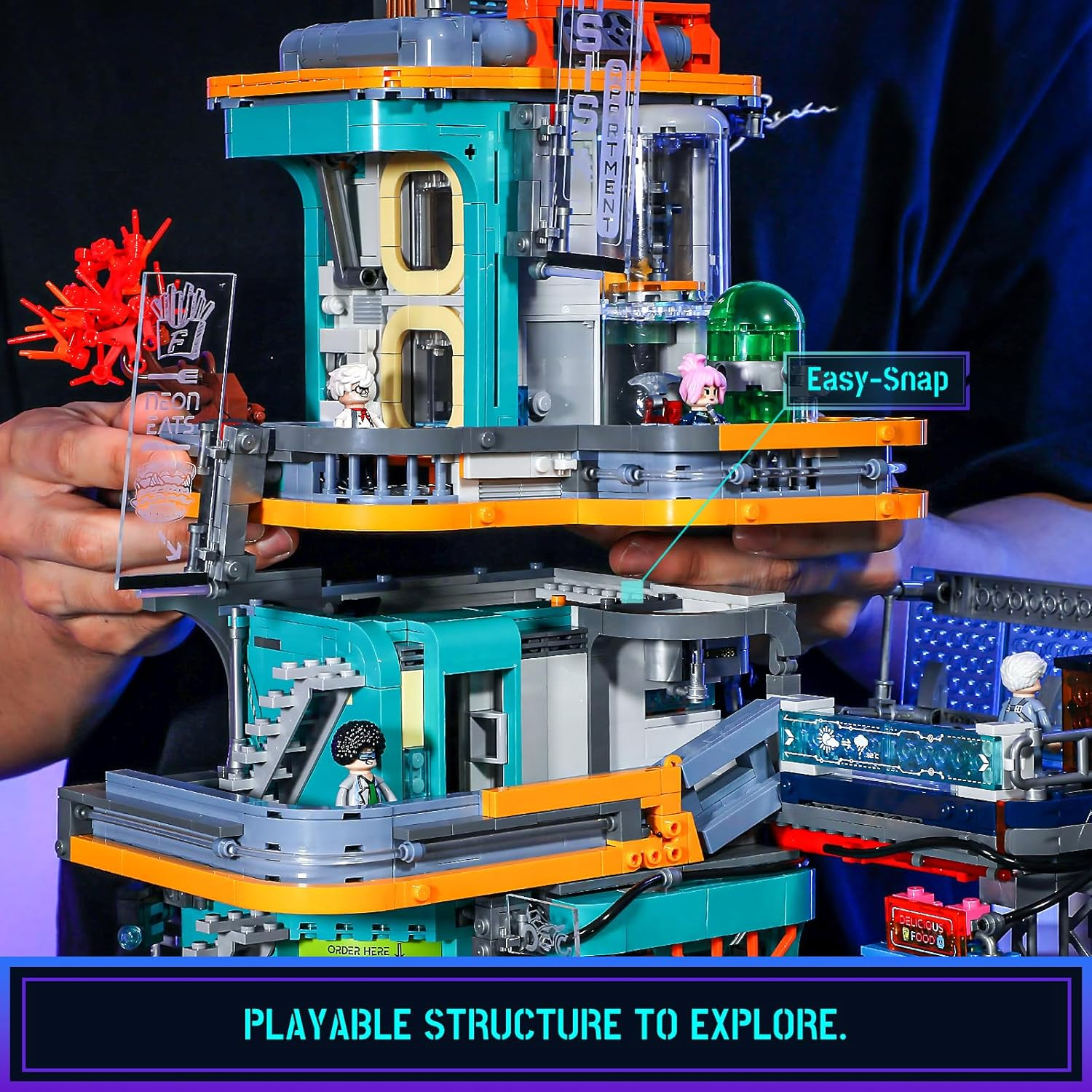 FUNWHOLE Cyberpunk Mansion Lighting Building-Bricks Set - 2524 Pcs Future City Modular Buildings Set Display Idea for Adults and Sci-Fi Lovers image number 5