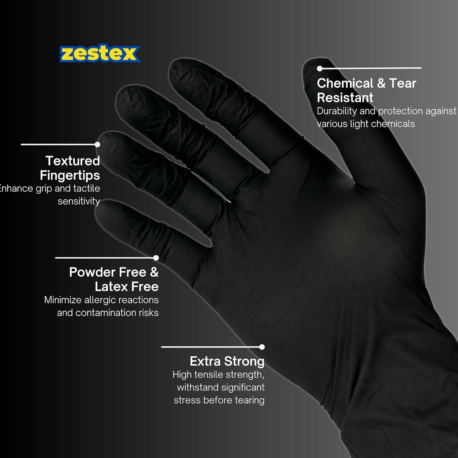 Zestex Nitrile Heavy Duty, Latex-Free & Powder-Free, Non-Sterile Food Safe Extra Strong Disposable Glove, Black, Large, Case/100 image number 1