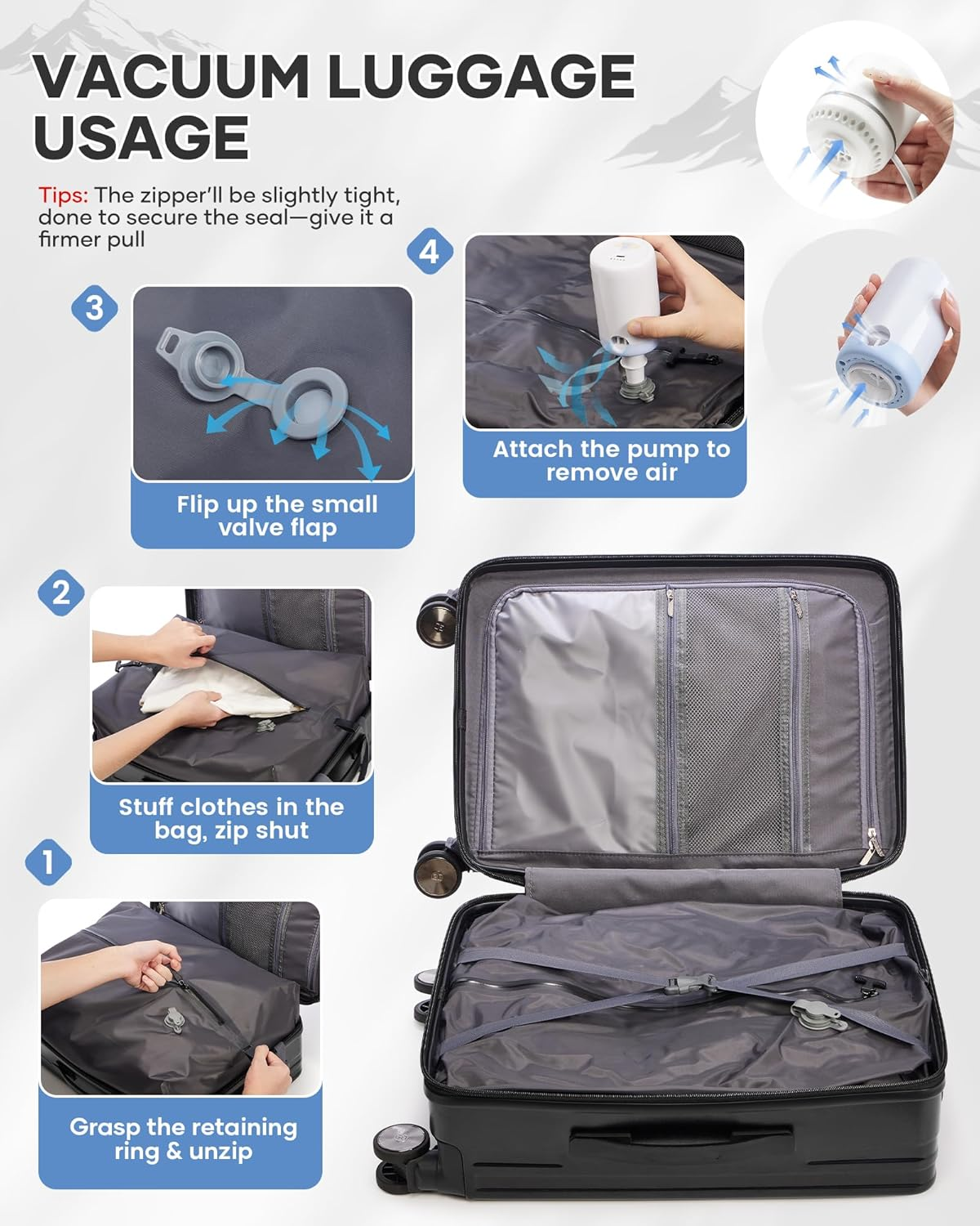 WEPOET Suitcase Luggage, Black(With Air Pump), 37.5Cm*23Cm*57Cm image number 4