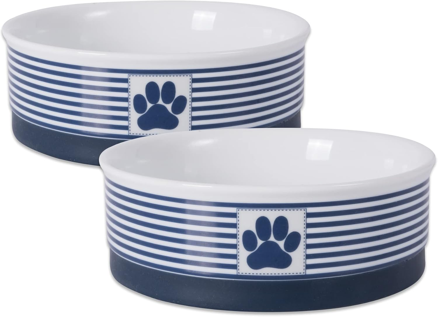Bone Dry DII Paw Patch & Stripes Ceramic Pet Bowl for Food & Water with Non-Skid Silicone Rim for Dogs and Cats (Medium - 6" Dia X 2" H) Nautical Blue - Set of 2 image number 3