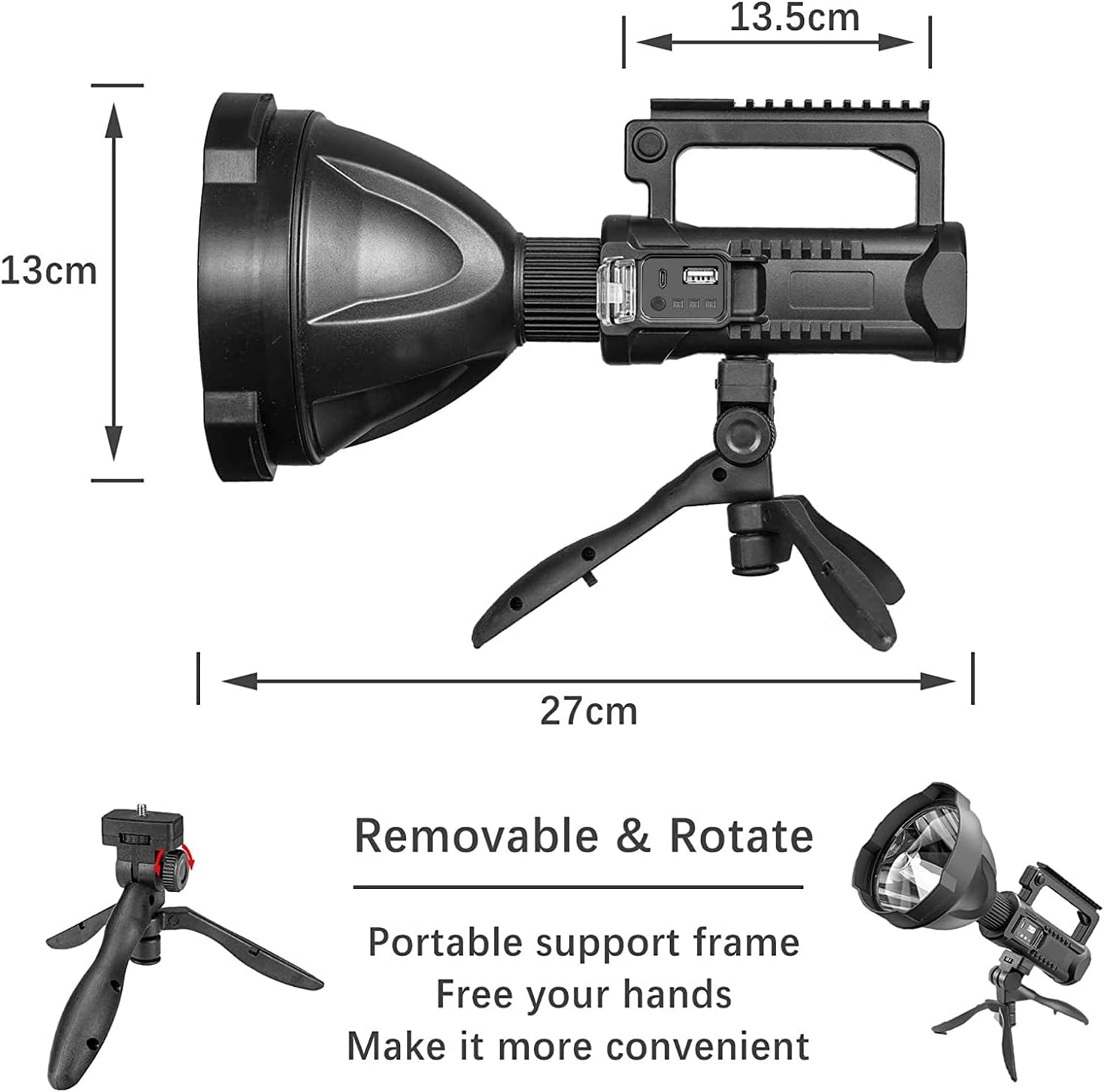 Rechargeable Spotlight Flashlight High Lumens, 90000 Lumens Super Bright Led Searchlight with Tripod and USB Output, IPX5 Waterproof 4 Modes Handheld Spotlight for Camping Emergencies