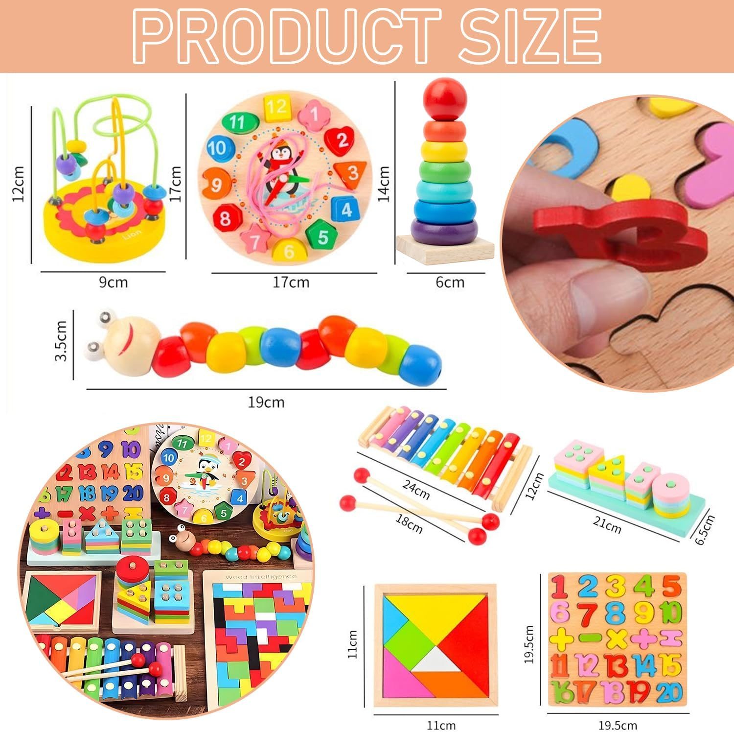 Uandhome Montessori Toys Set,10 in 1 Kids Wooden Toddler Sensory Toys,Preschool Educational Learning Toy with Wooden Sorting & Stacking Xylophone Bead Maze Sand Hammer for 3 Years Old Boys Girls Gift image number 6