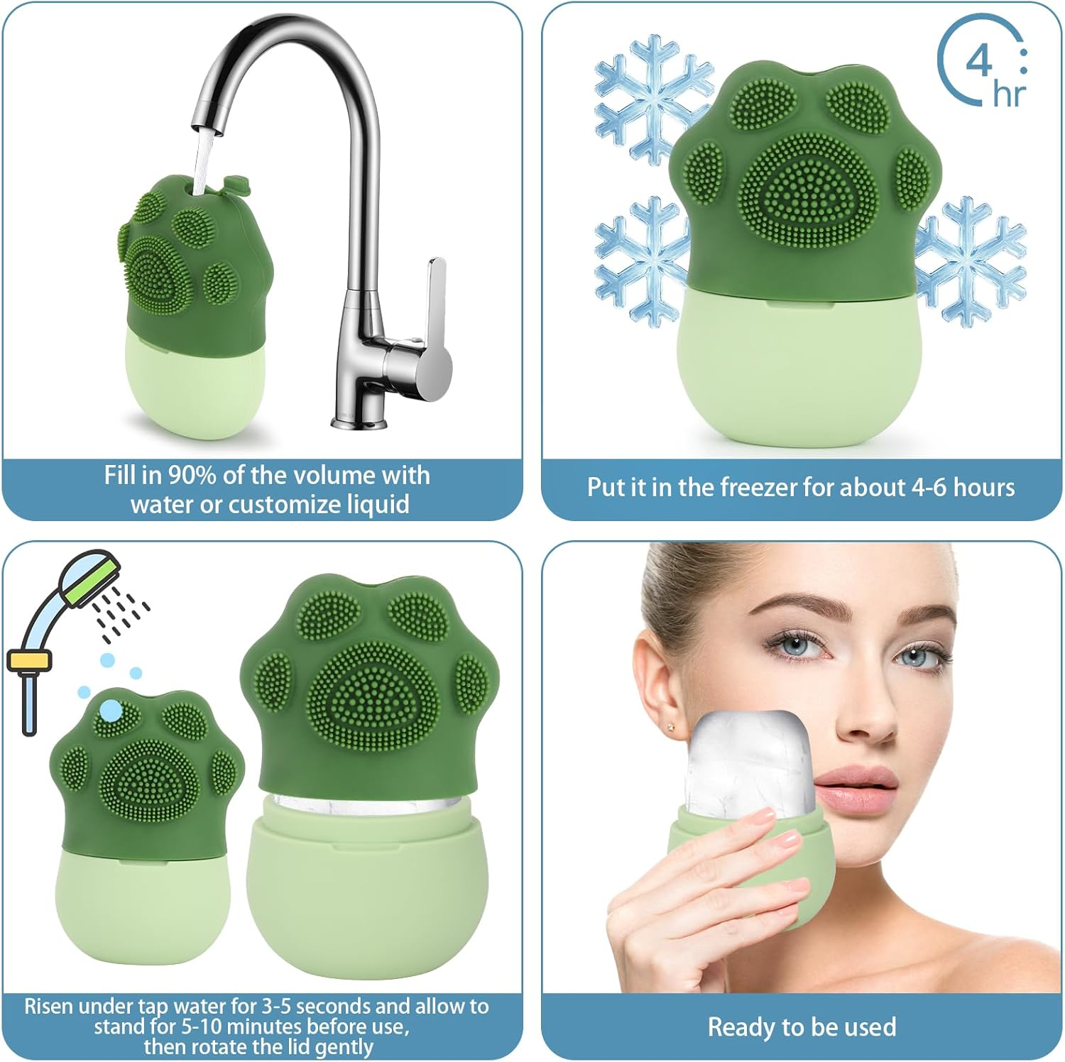 BTYMS Ice Roller for Face and Eye Paw-Shaped, Refillable Silicone Ice Cube Roller Massager for Anti-Wrinkle, Reduce Puffiness, Shrink Pores, Fine Lines, Improve Skin Elasticity - Green image number 2