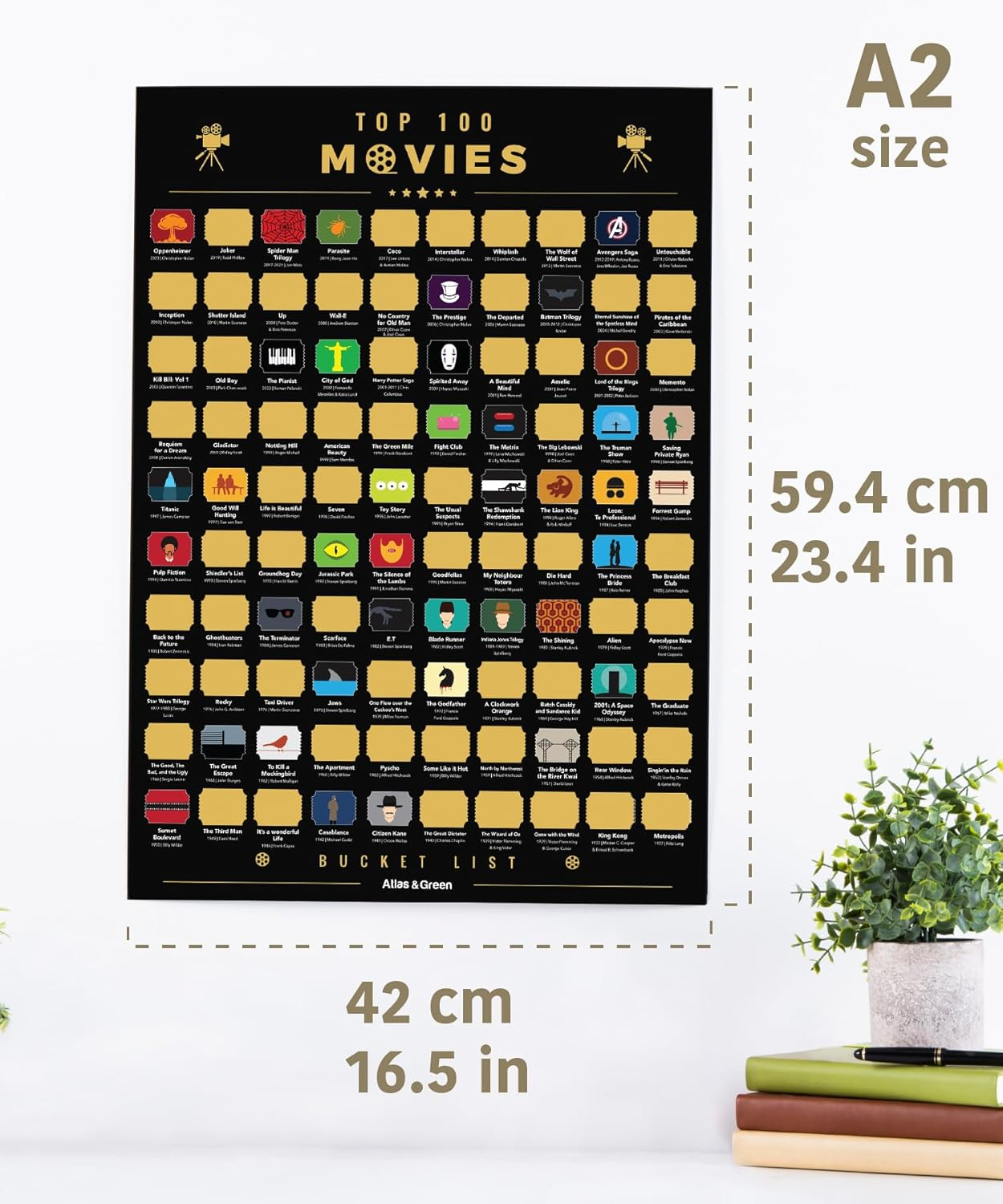 Atlas & Green Top 100 Movies Scratch off Poster | Bucket List Movie Poster | Top Films Scratch Poster + BONUS Accessories: Gift Tube, Scratch Tool & Review Stickers image number 1