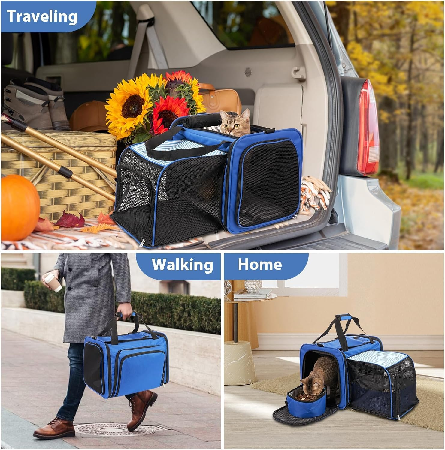 Cat Carrier with Litter Box, Expandable Cat Travel Carrier for Car with Bowl, Soft Sided Cat Carrier for Cats/Puppies up to 20 Lbs, Blue - Grey image number 4