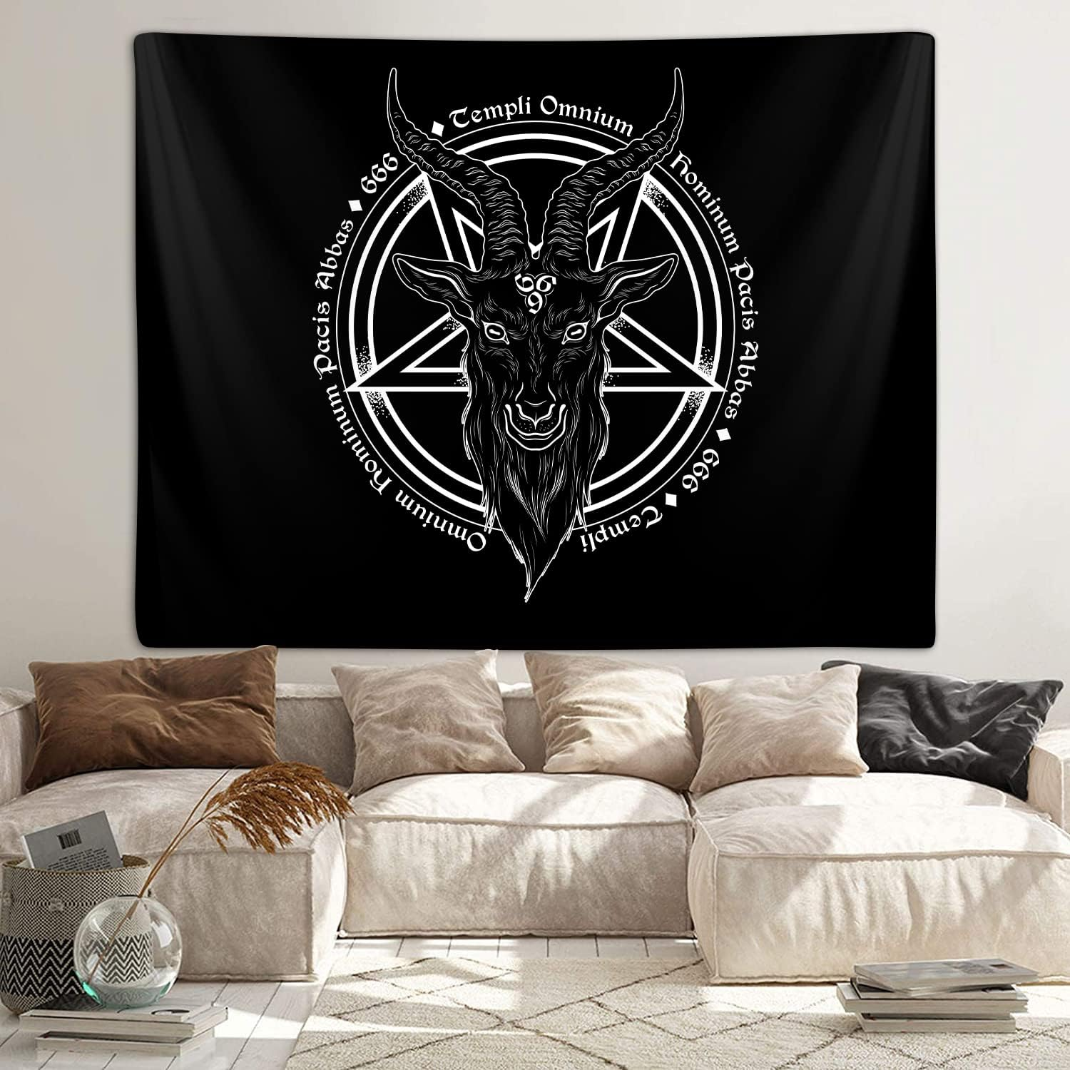 Satanic Pentagram Tapestry for Bedroom, Baphomet Statue Art Goat Head Skull Pagan Tapestries Wall Hanging for College Dorm Living Room Men Decor 60"X40", Black and White Gothic Demon Poster image number 4