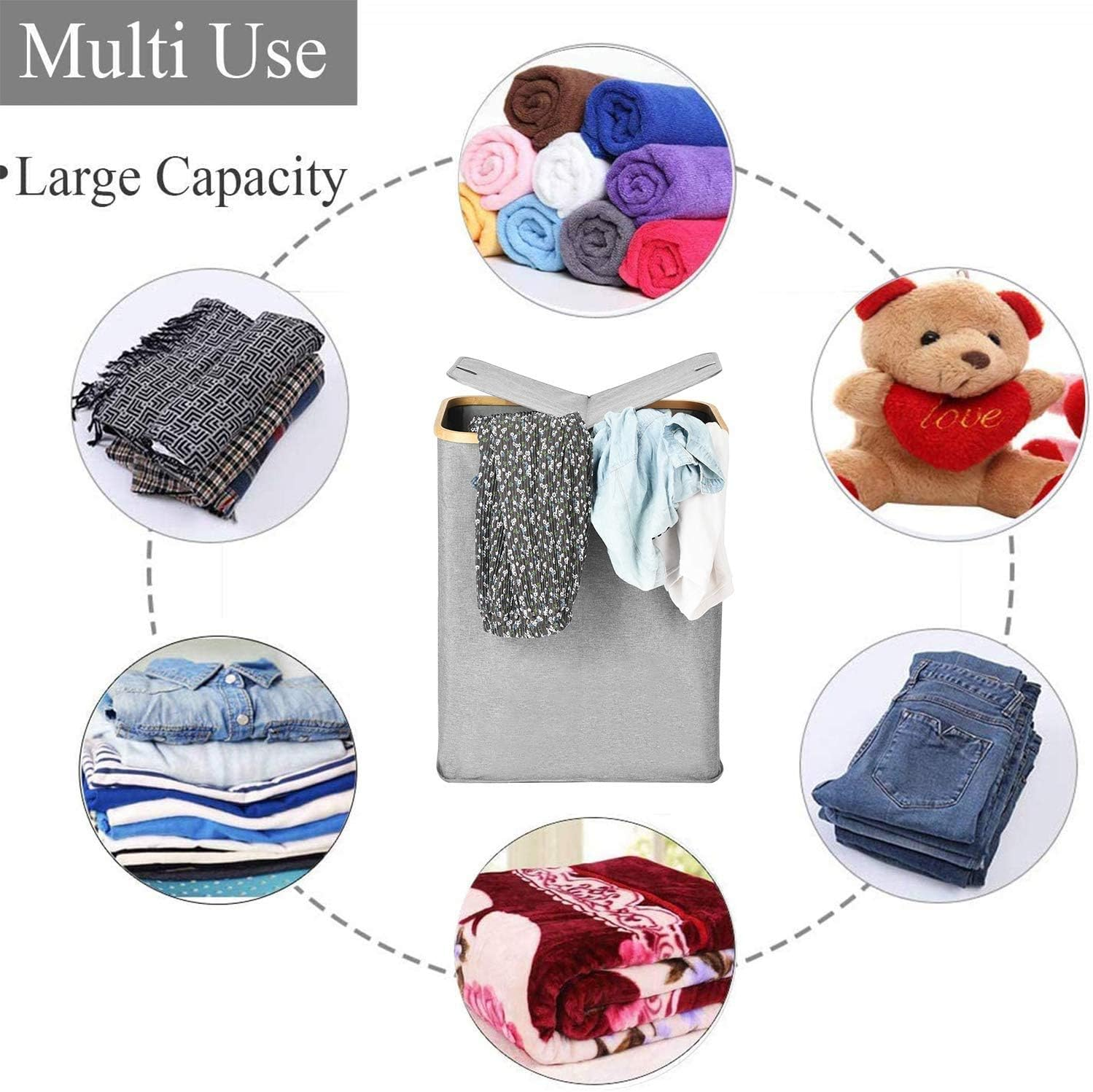 ALINK Divided Folding Bamboo & Canvas Laundry Hamper- Double Large Laundry Basket with Lid - Modern Collapsible Hamper with Handles, Waterproof Liner, Great for Adults, Bedroom, Bathroom, Living Room image number 4