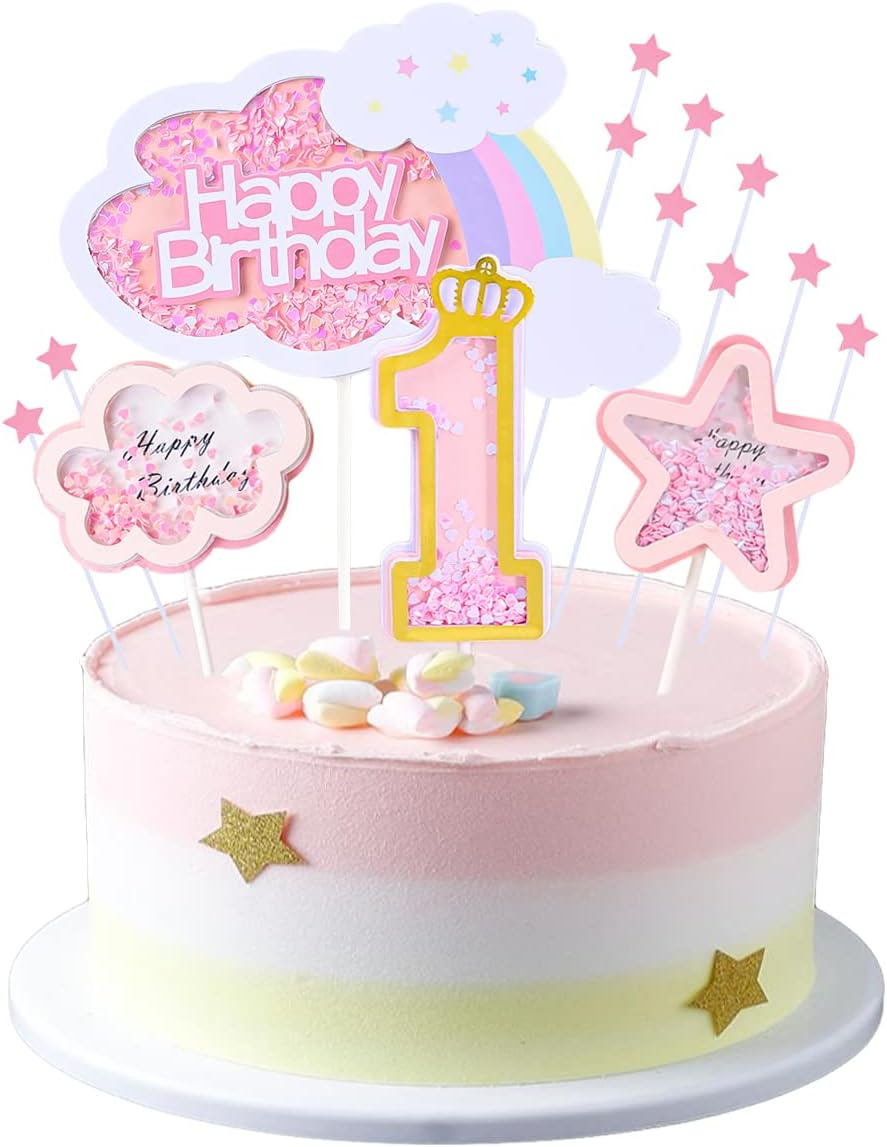 Kawailay Baby Girl 2Nd Birthday Cake Decoration Set Second Birthday Cake Topper with Rainbow Clouds Stars Cake Picks Two Year Old Cake Topper for Girls Birthday Party Supplies - Pink