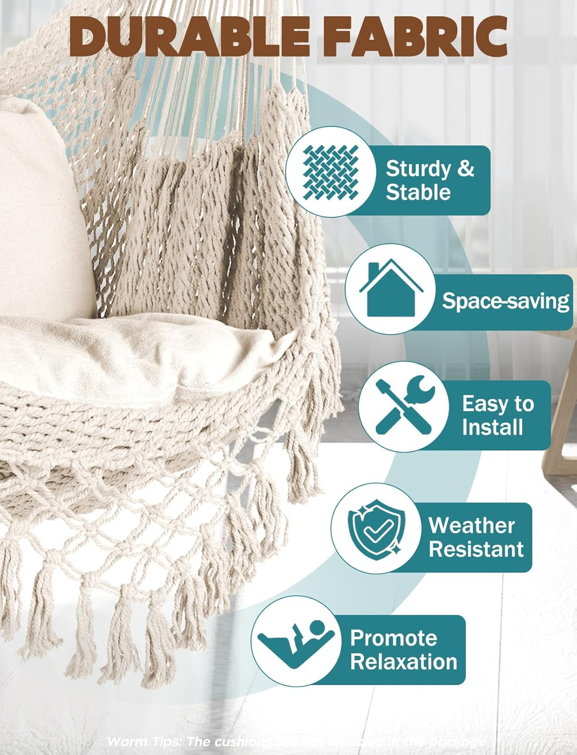 Chihee Hanging Chair Large Hammock Chair Soft Spun Cotton Rope Weave Chair Strong Metal Spreader Bar Wide Seat Lace Swing Chair Indoor Outdoor Garden Yard Theme Decoration image number 4