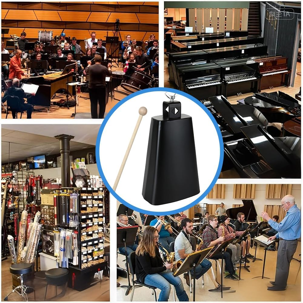 7 Inch Large Cowbell Sounder, Hand-Struck Metal Steel Cowbell with Mallet for Percussion, Sporting Events, Weddings, Parties, Concerts, Etc. (Black) image number 5
