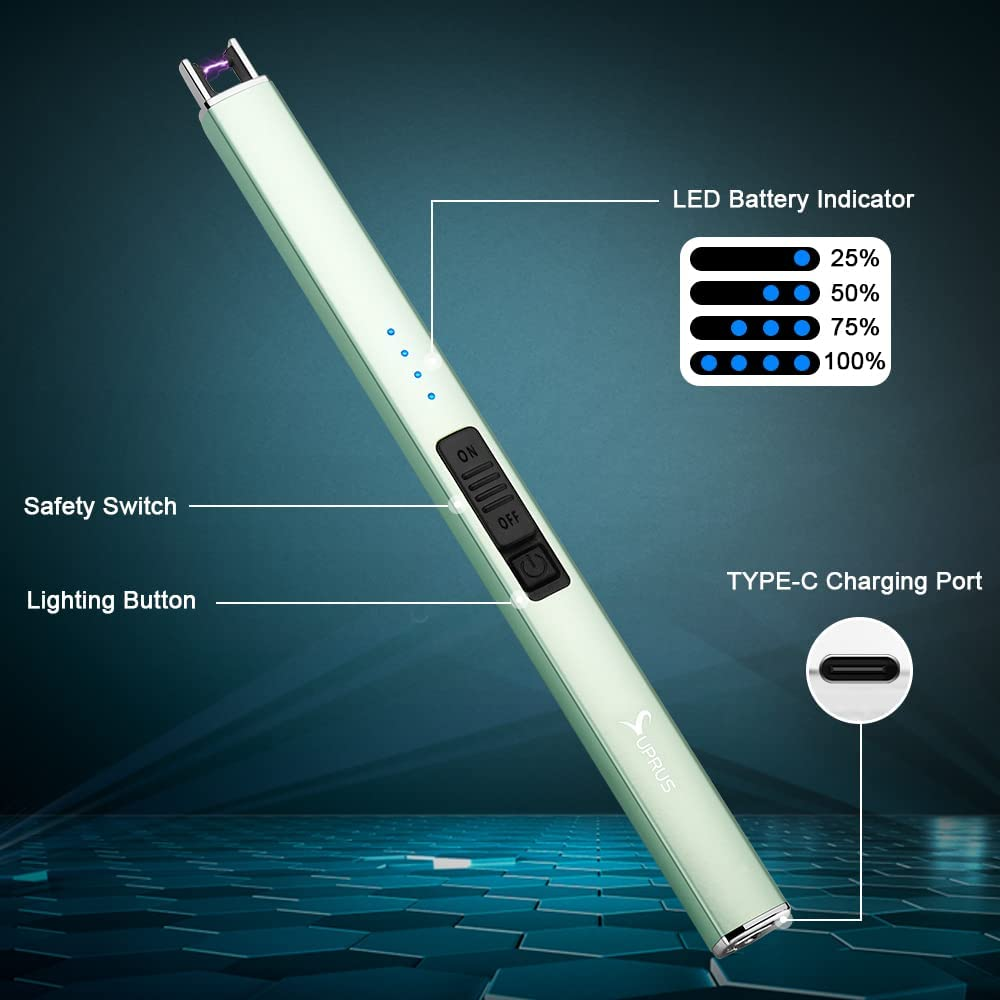SUPRUS Electric Arc Windproof Lighter Flameless USB Rechargeable Lighter with Safety Lock for Candle BBQ Camping (Green) image number 4