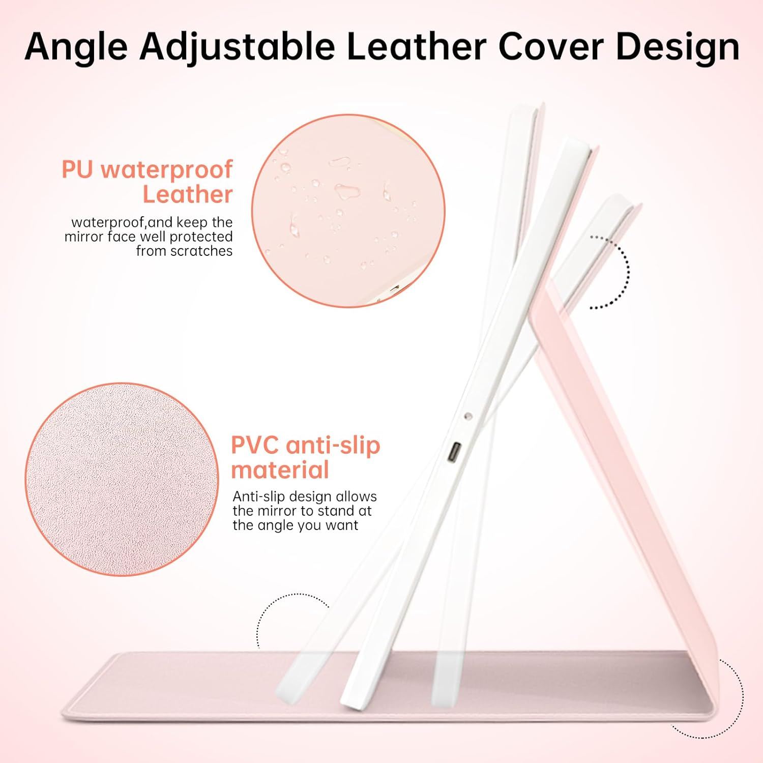 FUNTOUCH 2500Mah Large Rechargeable Travel Makeup Mirror with Lights, Portable Makeup Mirror with 10X Magnifying Mirror 3 Lighting Modes, Tabletop Folding Travel Mirror with PU Leather Cover (Pink) image number 6